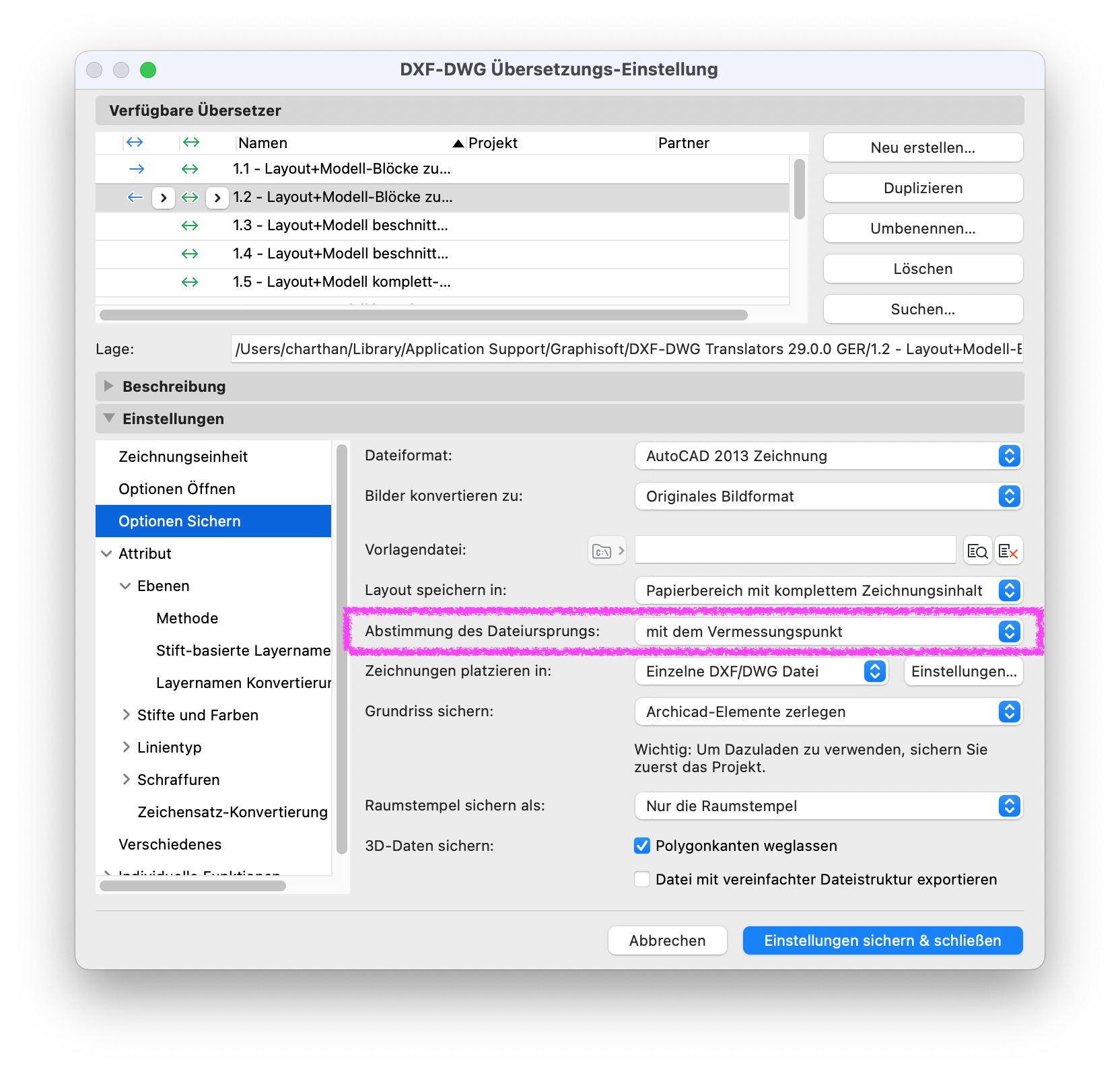 Archicad DXF/DWG translator settings dialog showing the option “Abstimmung des Dateiursprungs: mit dem Vermessungspunkt,” used to align the exported DWG/DXF file origin with the survey point.