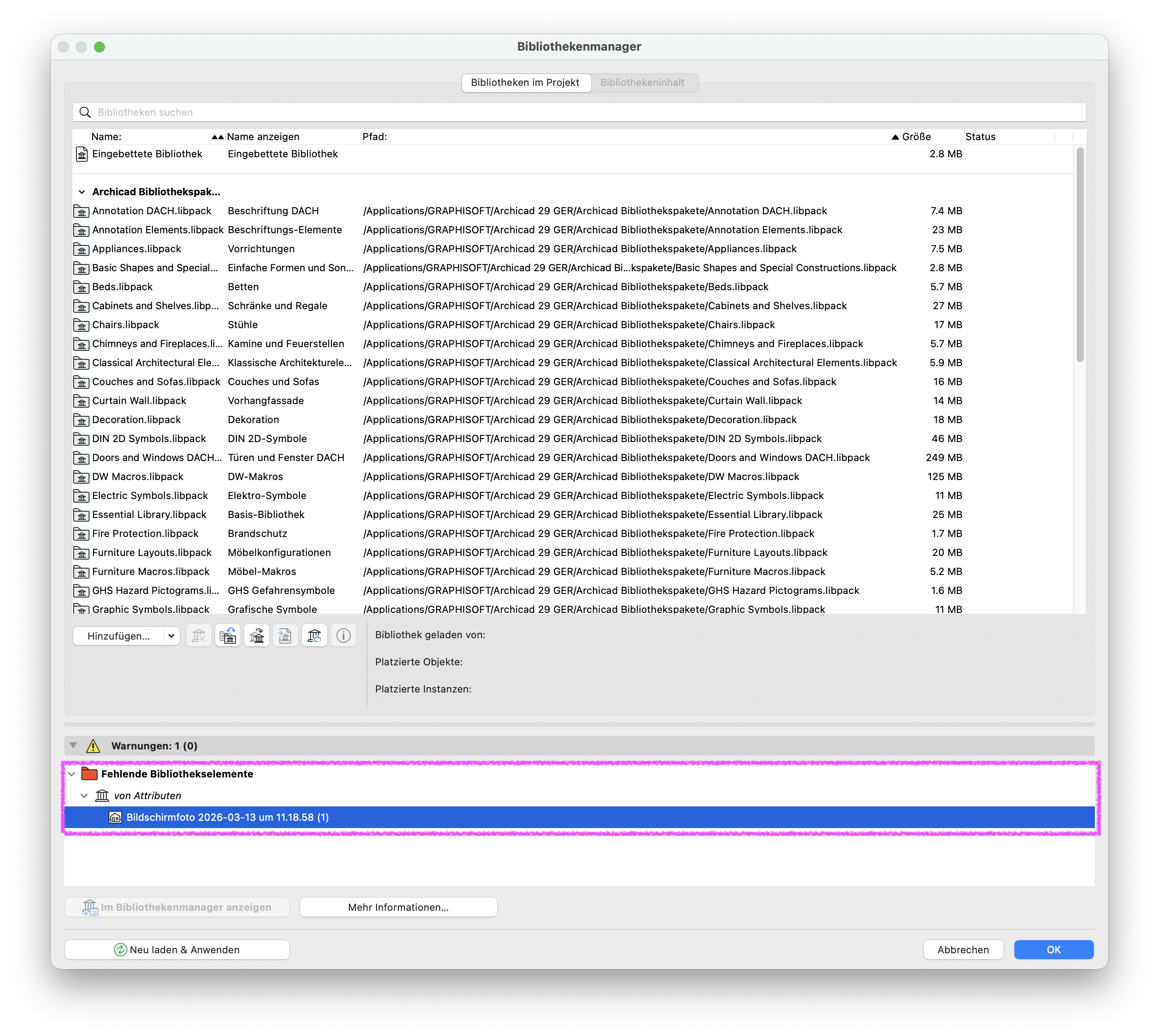 Dialog Bibliothekenmanager mit geöffneter eingebetteter Bibliothek und der Liste der geladenen Archicad‑Bibliothekspakete, im unteren Bereich ist unter Warnungen: 1 die Meldung Fehlende Bibliothekselemente aufgeklappt und weist auf ein fehlendes Bildschirmsfoto‑Objekt hin das aus Attributen stammt.