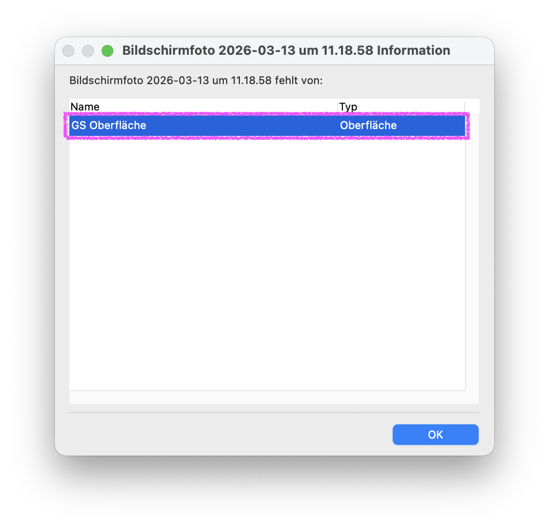 Dialog Bildschirmfoto 2026‑03‑13 um 11.18.58 Information mit der Liste der Elemente die diese Bild‑Ressource verwenden, es wird ein Eintrag GS Oberfläche vom Typ Oberfläche angezeigt der auf das fehlende Bildschirmfoto verweist.