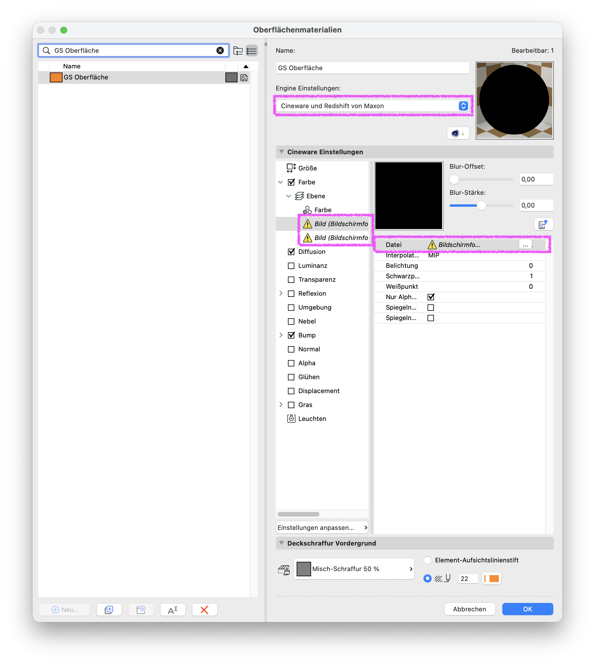 Dialog Oberflächenmaterialien mit der Oberfläche GS Oberfläche in der linken Liste, rechts sind die Engine Einstellungen auf Cineware und Redshift von Maxon gestellt und im Bereich Cineware Einstellungen wird unter Farbe und im Textur‑Parameter eine Bildtextur Bild (Bildschirmfo…) mit Warnsymbol angezeigt weil die verknüpfte Bilddatei fehlt.