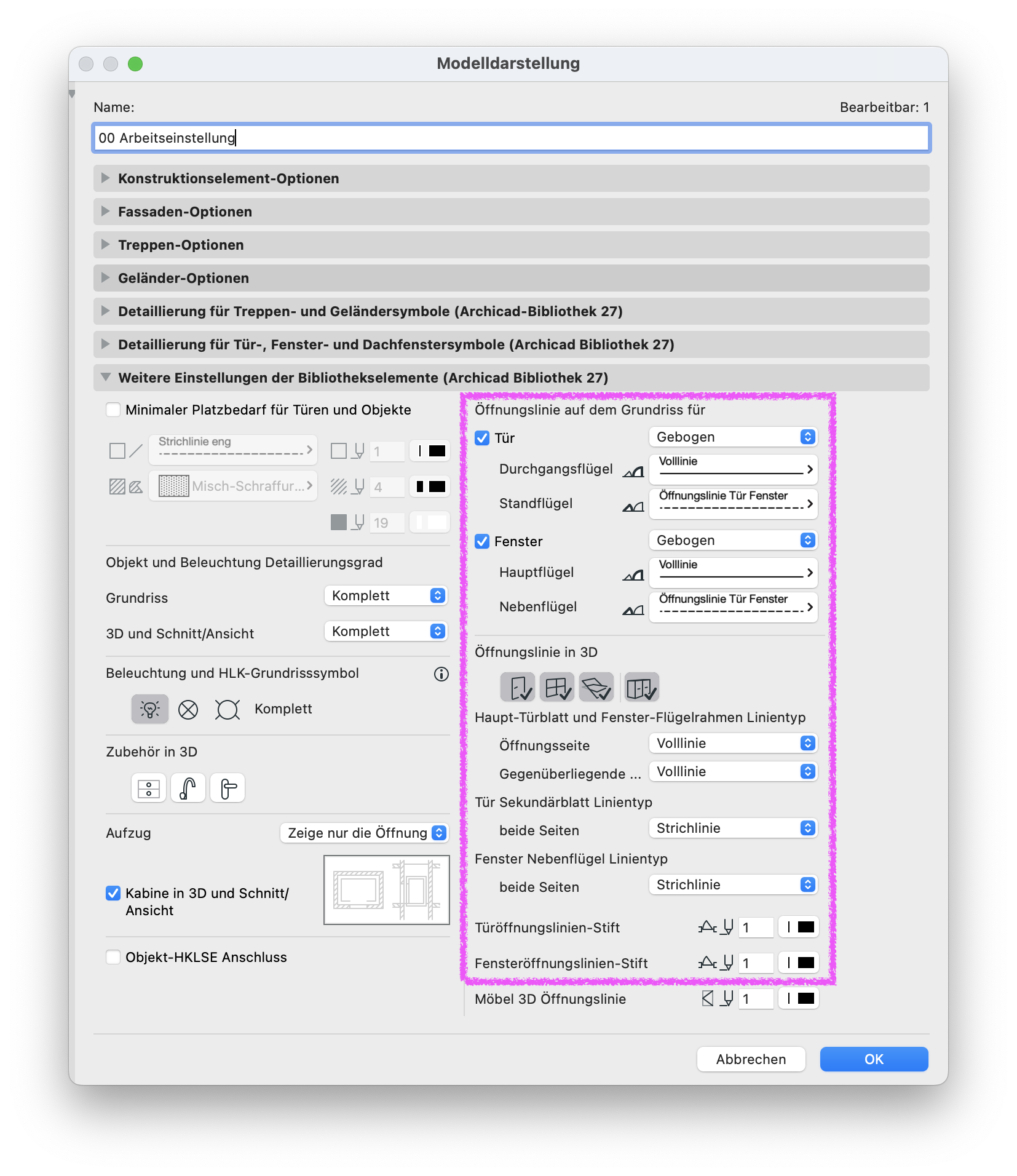 Archicad Dialog „Modelldarstellung“ im Bereich „Weitere Einstellungen der Bibliothekselemente“ mit hervorgehobenen Optionen zur Darstellung der Öffnungslinien von Türen und Fenstern im Grundriss.