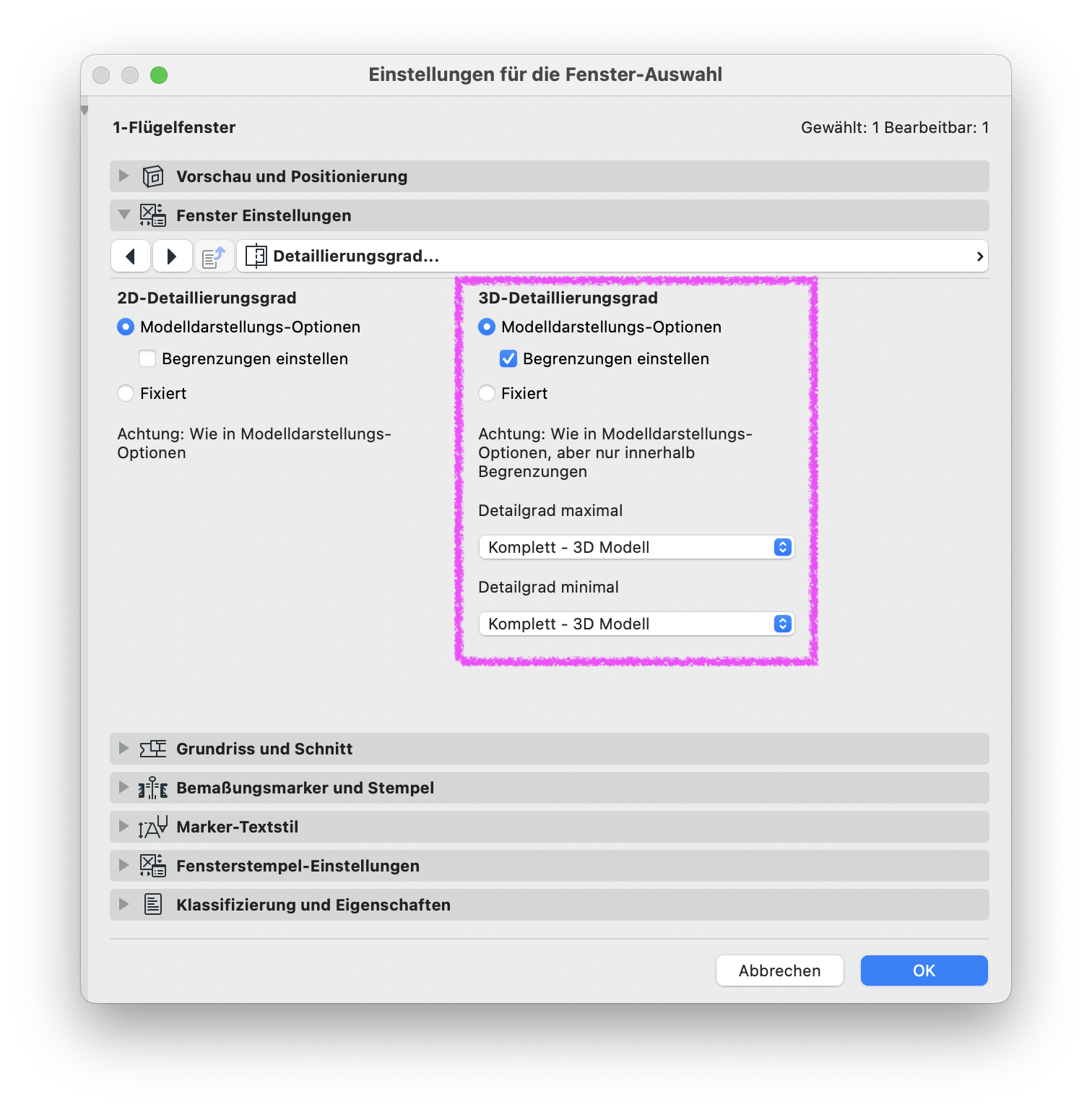Archicad Dialog „Einstellungen für die Fenster-Auswahl“ im Bereich „Detaillierungsgrad“ mit hervorgehobenen Einstellungen für den 3D-Detaillierungsgrad (Begrenzungen einstellen sowie maximaler und minimaler Detailgrad auf „Komplett – 3D Modell“).