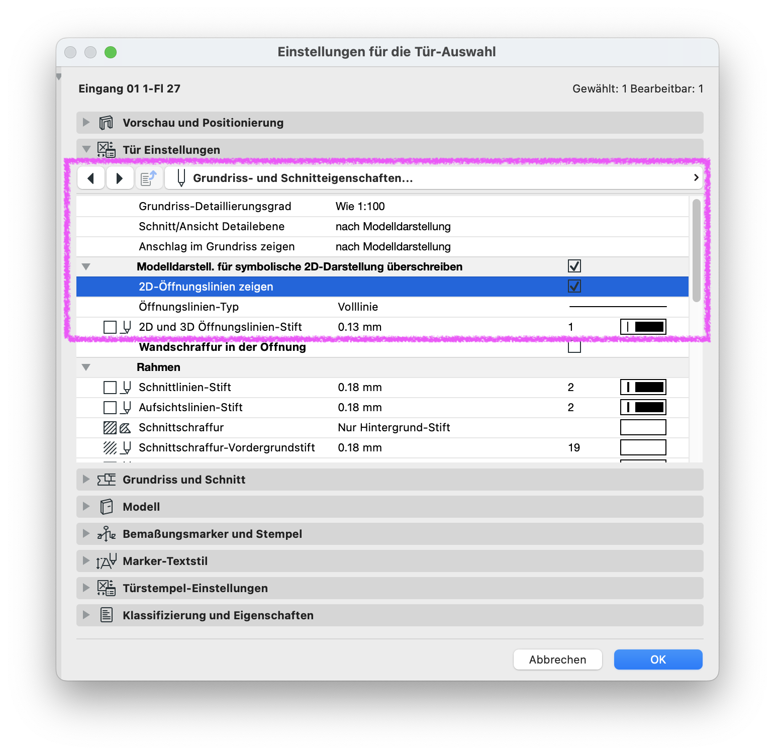 Archicad Dialog „Einstellungen für die Tür-Auswahl“ im Bereich „Grundriss- und Schnitteigenschaften“ mit hervorgehobener Option zum Anzeigen der 2D-Öffnungslinien sowie Einstellungen für Öffnungslinientyp und Stift.