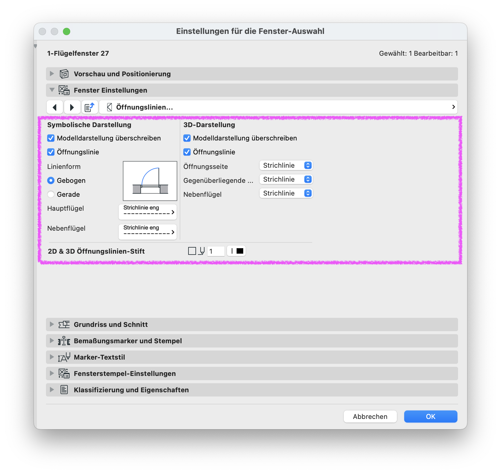 Archicad Dialog „Einstellungen für die Fenster-Auswahl“ im Bereich „Öffnungslinien“ mit hervorgehobenen Einstellungen für symbolische Darstellung und 3D-Darstellung der Öffnungslinien.