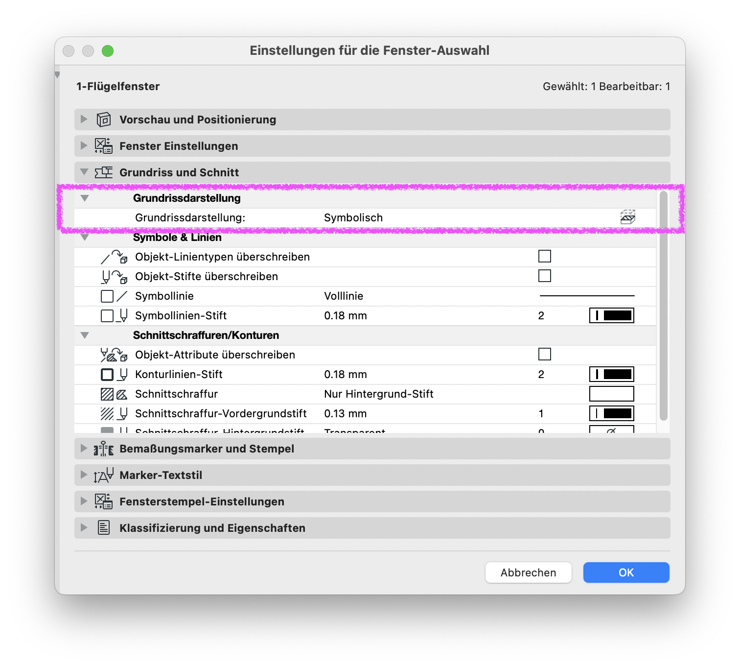 Archicad Dialog „Einstellungen für die Fenster-Auswahl“ mit der hervorgehobenen Option „Grundrissdarstellung: Symbolisch“ im Bereich „Grundriss und Schnitt“.