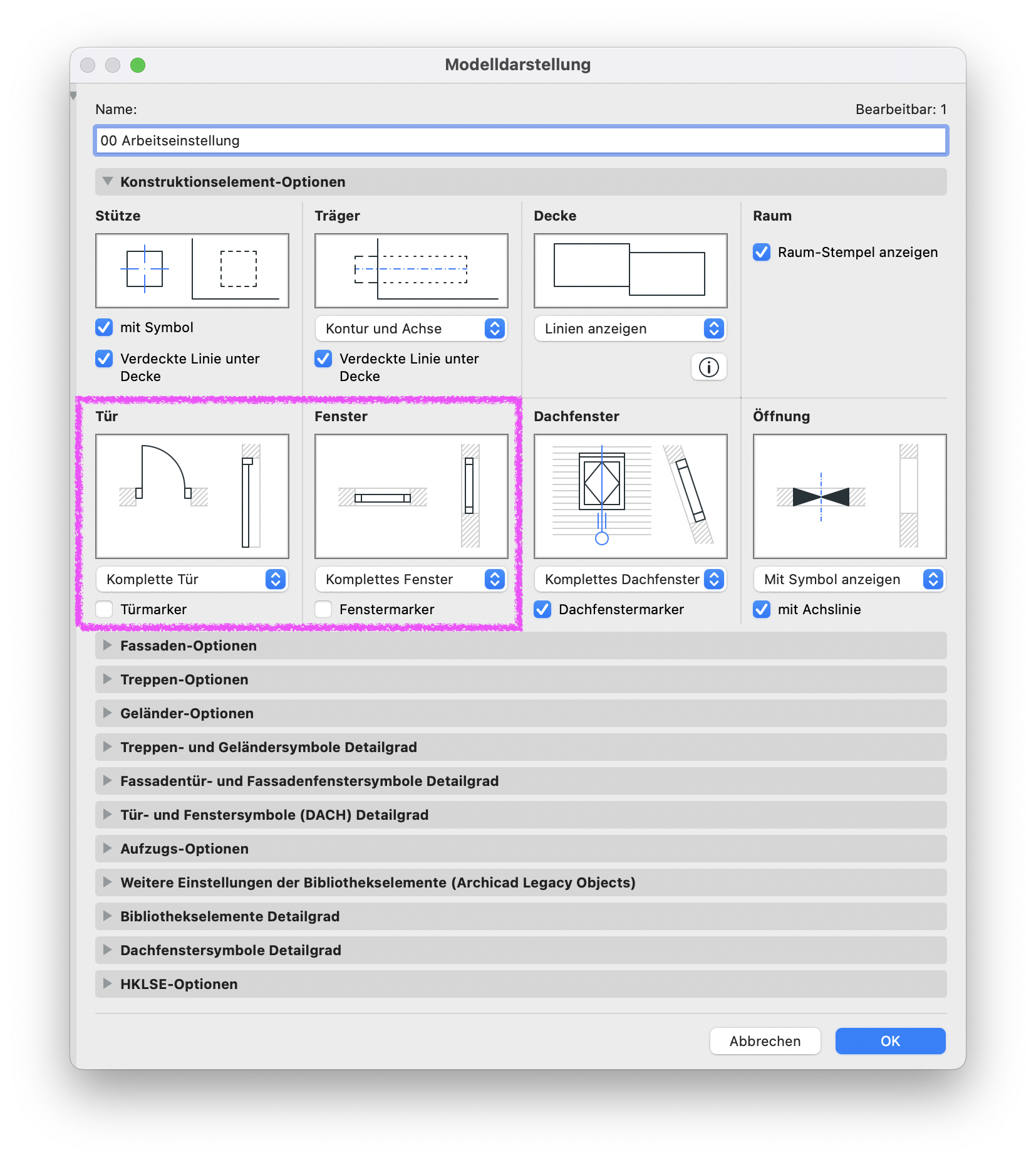 Archicad Dialog „Modelldarstellung“ mit hervorgehobenen Einstellungen zur Darstellung von Türen und Fenstern im Grundriss, einschließlich der Optionen „Komplette Tür“ und „Komplettes Fenster“.