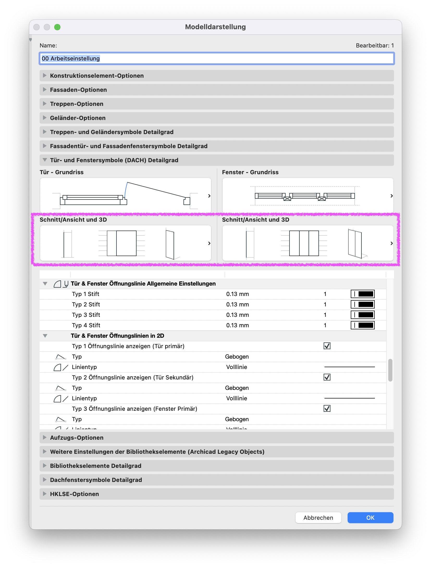 Archicad Dialog „Modelldarstellung“ im Bereich „Tür- und Fenstersymbole (DACH) Detailgrad“ mit hervorgehobenen Einstellungen zur Darstellung von Türen und Fenstern in Schnitt, Ansicht und 3D.