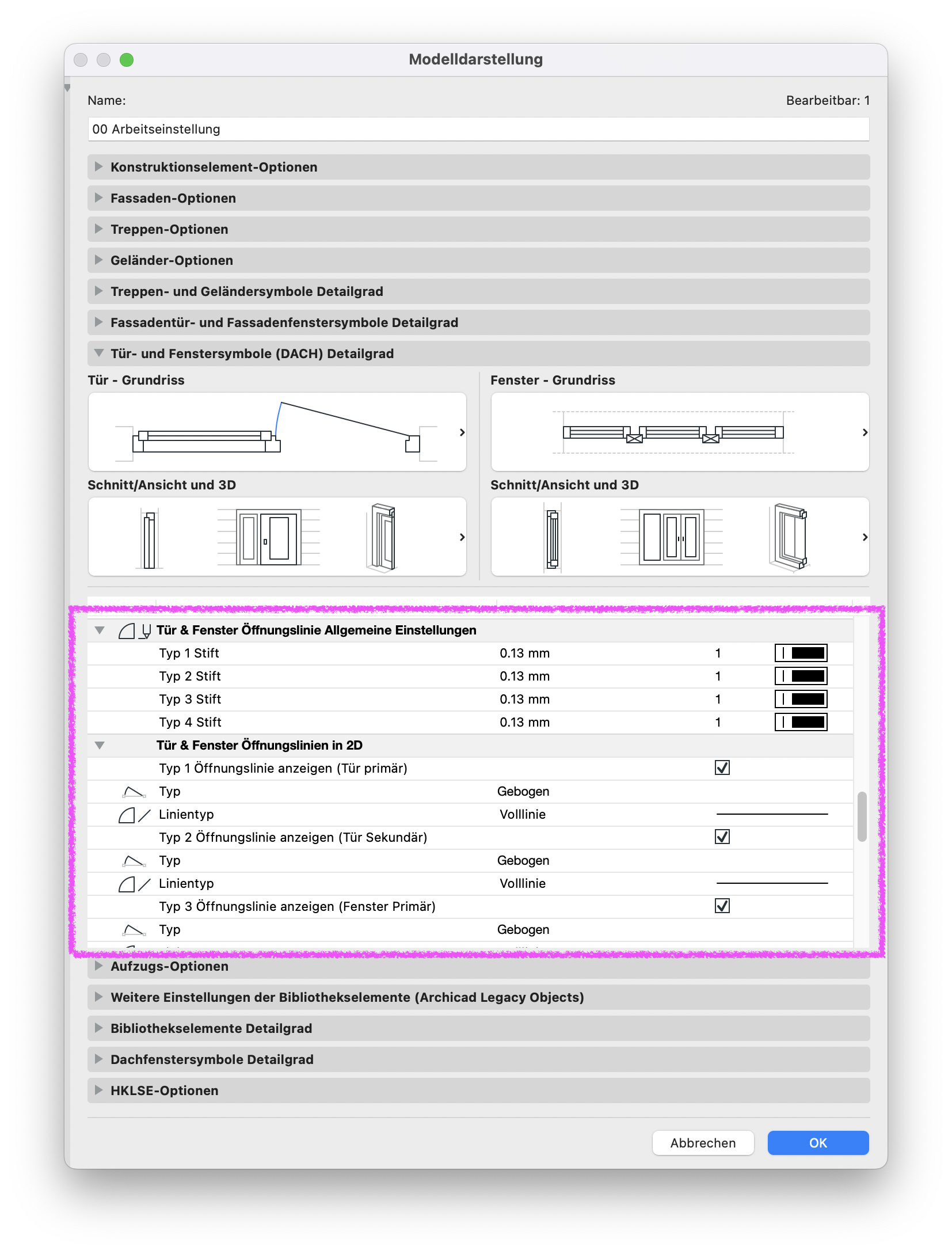 Archicad Dialog „Modelldarstellung“ mit hervorgehobenen Einstellungen für Öffnungslinien von Türen und Fenstern im 2D-Grundriss, einschließlich Linientyp und Stiftdefinition.