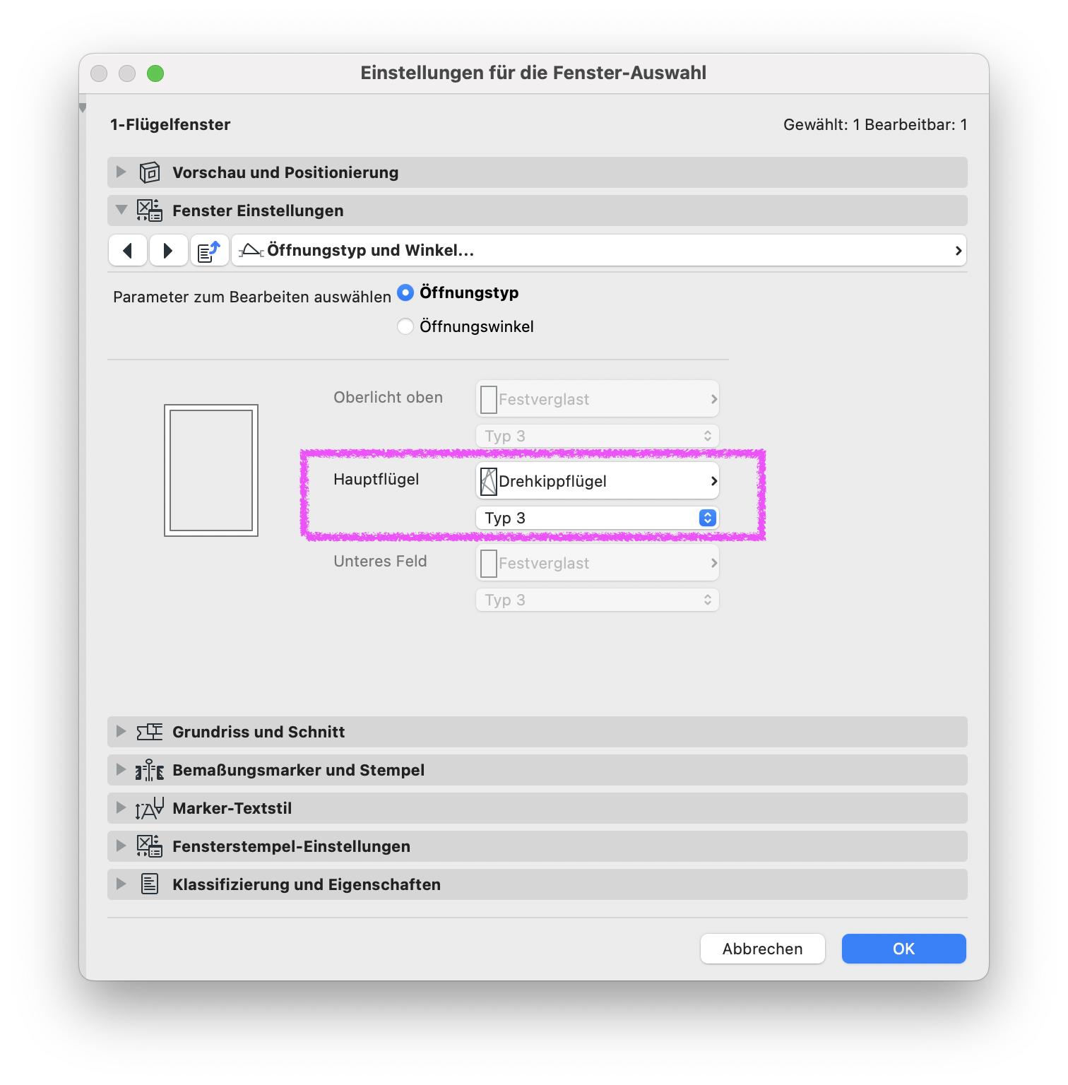Archicad Dialog „Einstellungen für die Fenster-Auswahl“ im Bereich „Öffnungstyp und Winkel“ mit hervorgehobener Einstellung des Hauptflügels als Drehkippflügel.