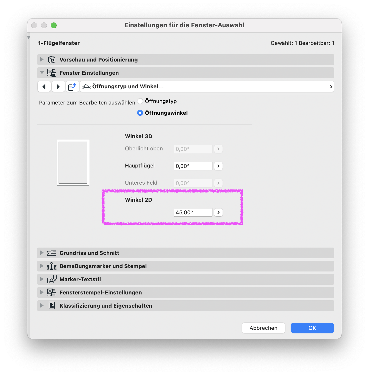 Archicad Dialog „Einstellungen für die Fenster-Auswahl“ im Bereich „Öffnungstyp und Winkel“ mit hervorgehobener Einstellung für den Öffnungswinkel im Grundriss (Winkel 2D = 45°).