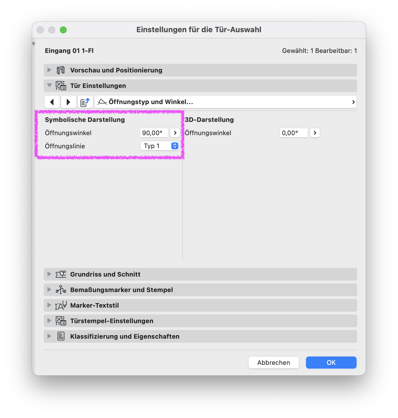 Archicad Dialog „Einstellungen für die Tür-Auswahl“ im Bereich „Öffnungstyp und Winkel“ mit hervorgehobener symbolischer Darstellung des Öffnungswinkels (90°) und der Öffnungslinie (Typ 1).