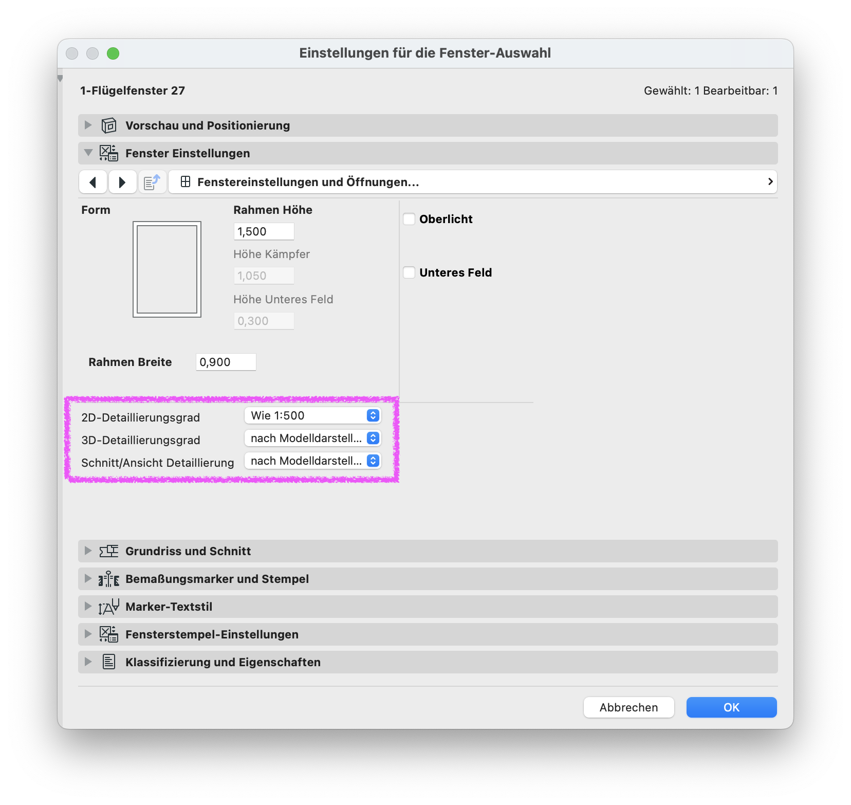 Archicad Dialog „Einstellungen für die Fenster-Auswahl“ mit hervorgehobenen Einstellungen für den 2D-Detaillierungsgrad, 3D-Detaillierungsgrad und die Schnitt-/Ansicht-Detaillierung gemäß Modelldarstellung.