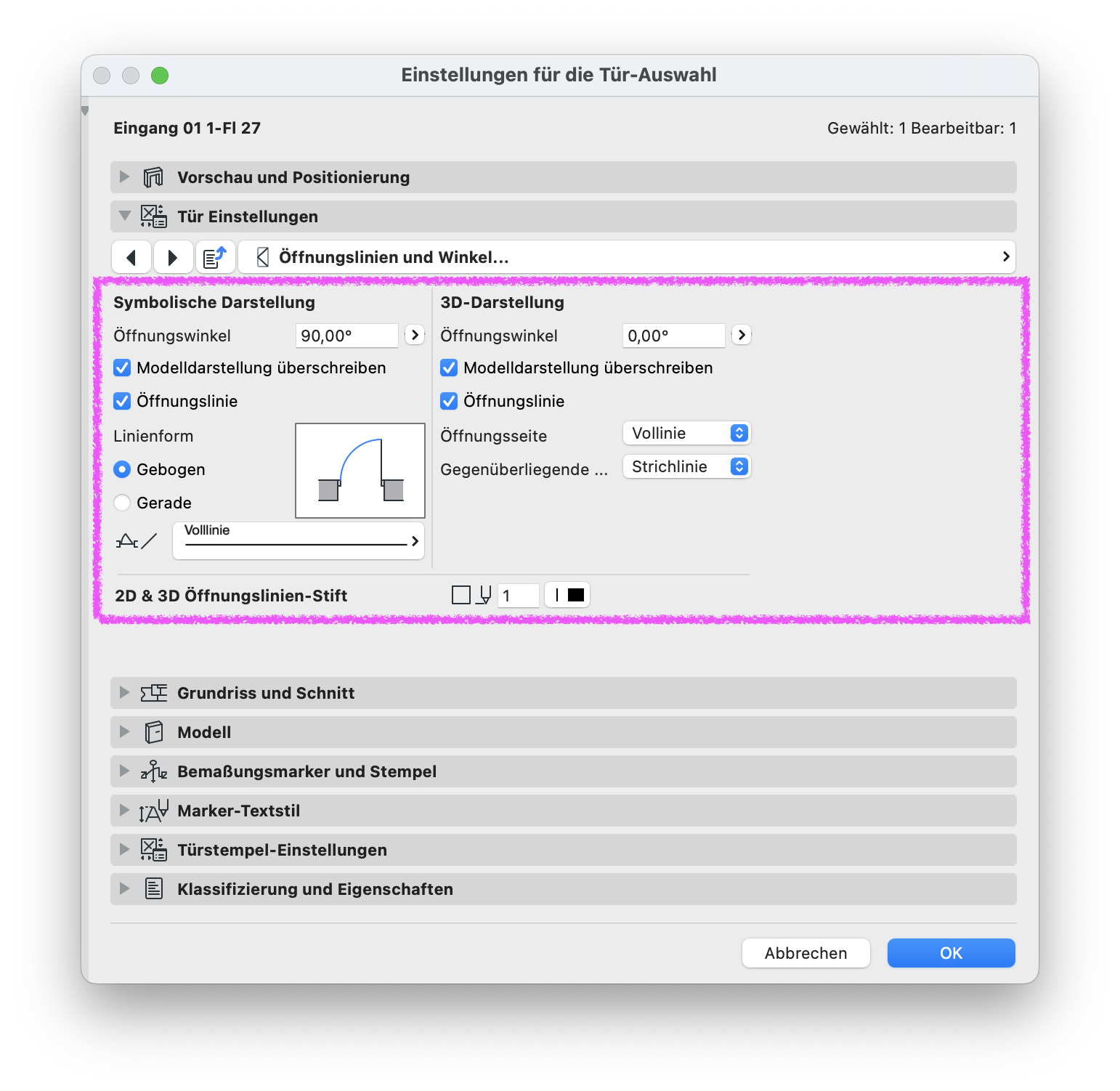 Archicad Dialog „Einstellungen für die Tür-Auswahl“ im Bereich „Öffnungslinien und Winkel“ mit hervorgehobenen Einstellungen für die symbolische Darstellung sowie die 3D-Darstellung der Öffnungslinien.