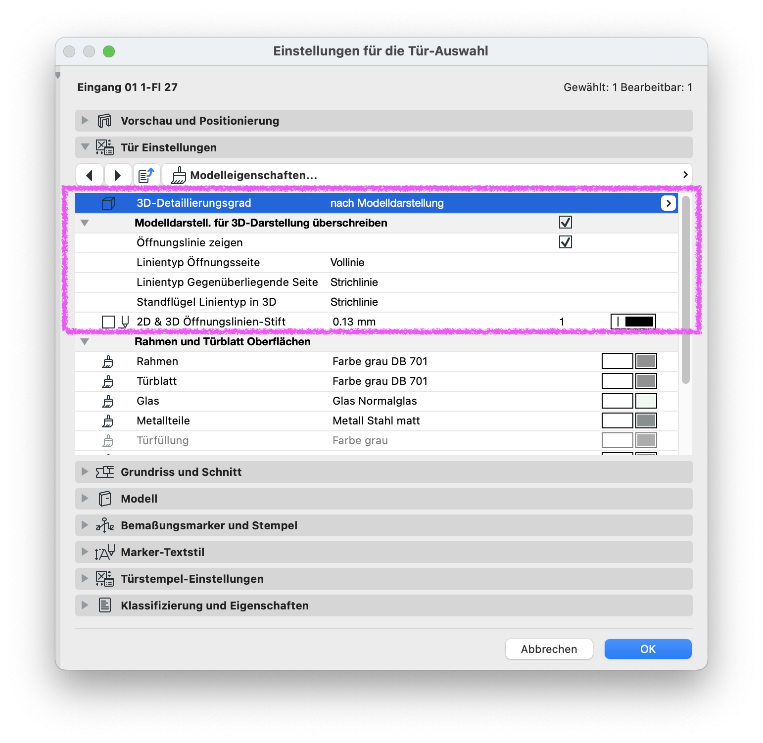 Archicad Dialog „Einstellungen für die Tür-Auswahl“ im Bereich „Modelleigenschaften“ mit hervorgehobenen Einstellungen für den 3D-Detaillierungsgrad sowie die Darstellung der Öffnungslinien in der 3D-Darstellung.