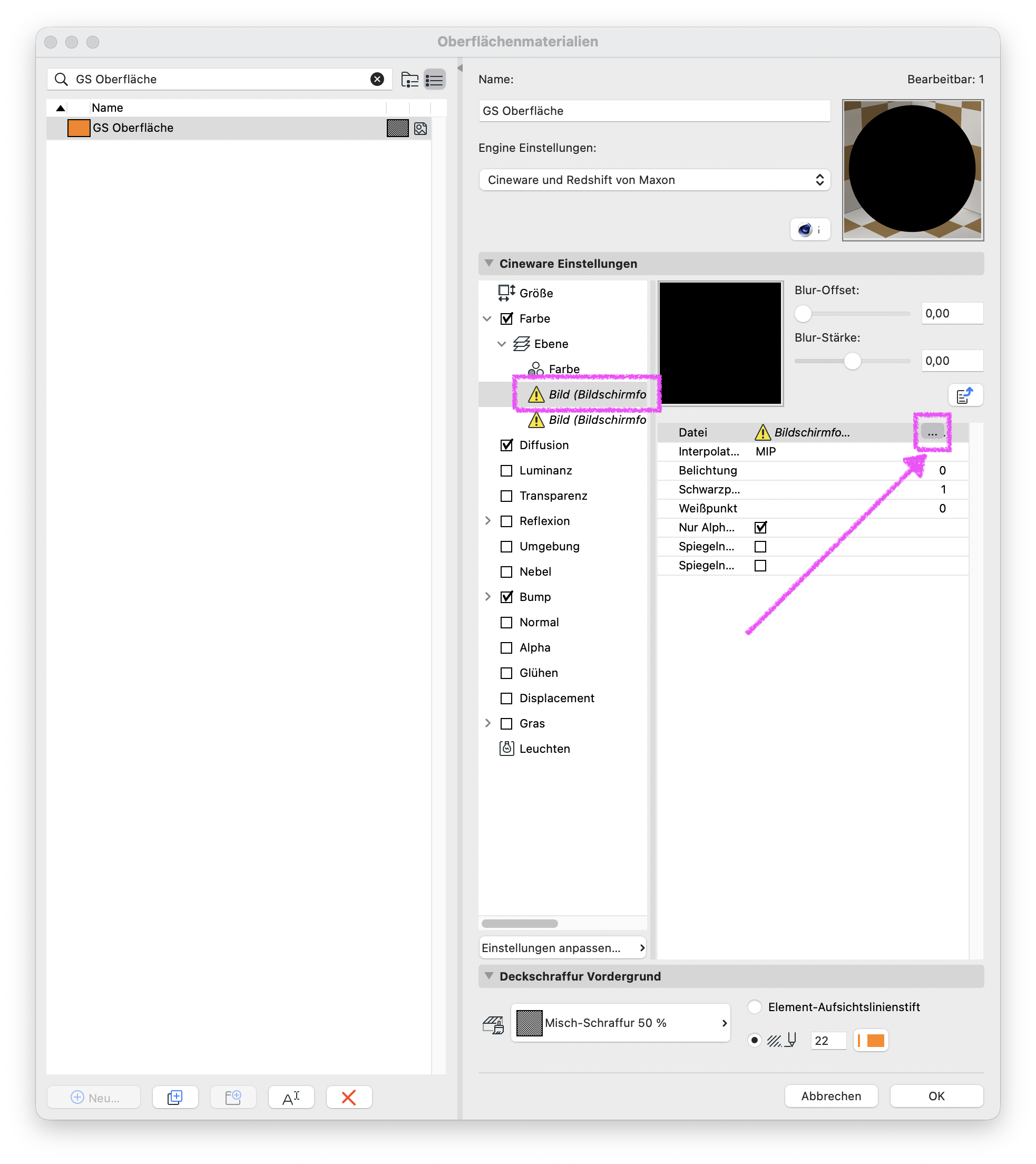 Dialog Oberflächenmaterialien mit der Oberfläche GS Oberfläche, rechts sind die Engine Einstellungen auf Cineware und Redshift von Maxon gestellt während im Bereich Cineware Einstellungen unter Farbe eine Bildtextur Bild (Bildschirmfo…) mit Warnsymbol als fehlende Bilddatei angezeigt wird und über die markierte Schaltfläche mit Ordnersymbol neu verknüpft werden kann.