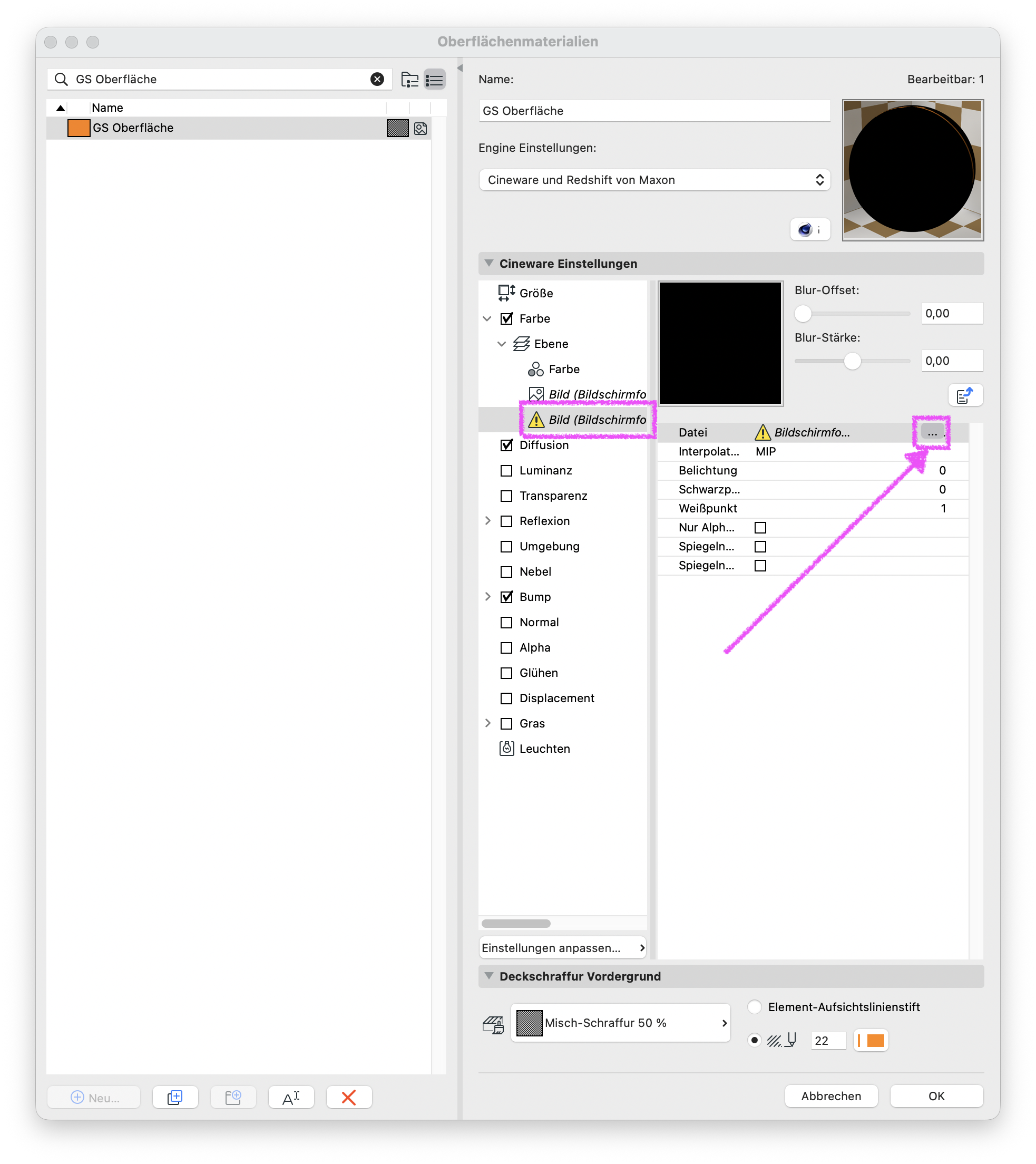 Dialog Oberflächenmaterialien mit der Oberfläche GS Oberfläche, im Bereich Cineware Einstellungen ist unter Farbe eine Bildtextur Bild (Bildschirmfo…) mit Warnsymbol aufgeführt während rechts daneben in der Spalte Datei dieselbe Bildreferenz mit Warnsymbol steht und über die markierte Ordner‑Schaltfläche neu zugewiesen werden kann.