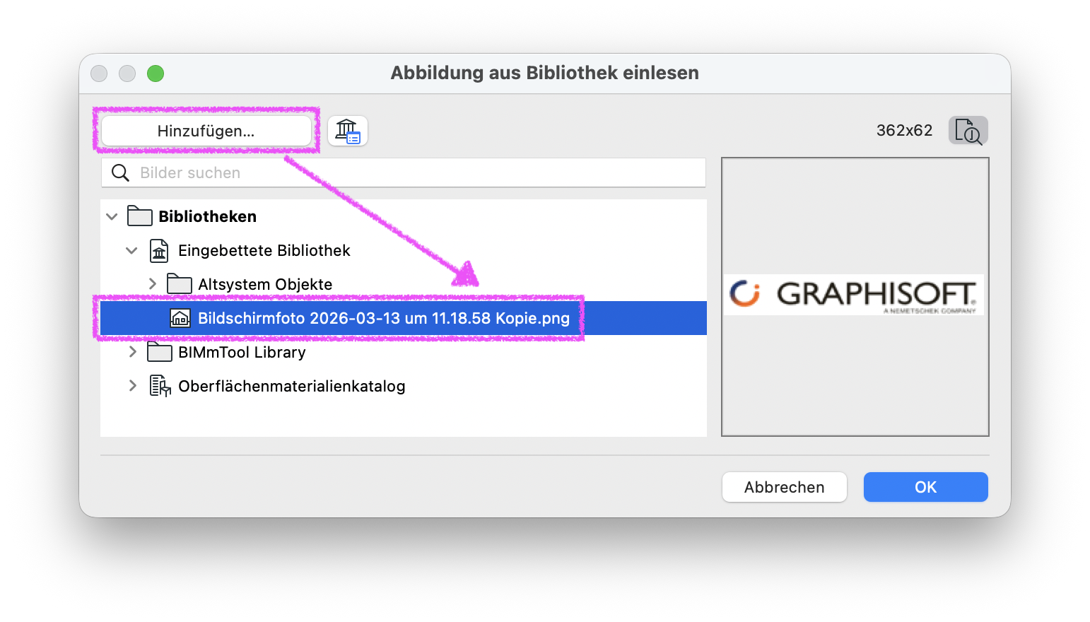 Dialog Abbildung aus Bibliothek einlesen, in der linken Baumstruktur ist unter Bibliotheken > Eingebettete Bibliothek das Bildobjekt Bildschirmfoto 2026‑03‑13 um 11.18.58 Kopie.png markiert das zuvor über die Schaltfläche Hinzufügen… in die eingebettete Bibliothek geladen wurde während rechts die Vorschau des Logos angezeigt wird und unten mit OK bestätigt werden kann.