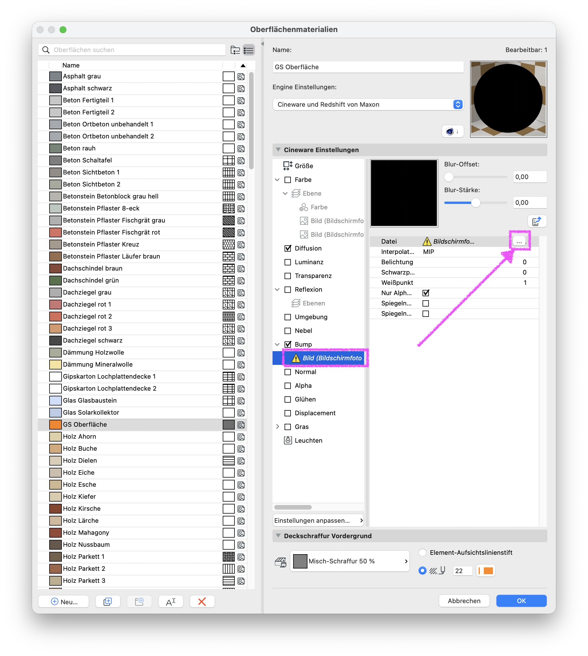 Dialog Oberflächenmaterialien mit geöffneter Liste aller Oberflächen, die Oberfläche GS Oberfläche ist markiert und rechts im Bereich Cineware Einstellungen ist unter Bump eine Bildtextur Bild (Bildschirmfo…) mit Warnsymbol als fehlende Datei eingetragen die über die hervorgehobene Ordner‑Schaltfläche in der Spalte Datei neu verknüpft werden kann.