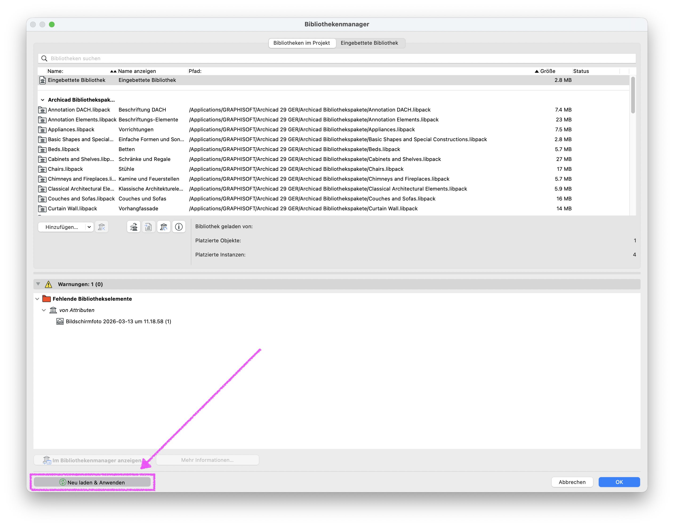Dialog Bibliothekenmanager mit geladener eingebetteter Bibliothek, im Bereich Warnungen: 1 ist weiterhin Fehlende Bibliothekselemente mit dem Eintrag des Bildschirmfotos sichtbar während unten die Schaltfläche Neu laden & Anwenden hervorgehoben ist die zum Aktualisieren der Bibliotheken nach dem Wiederverknüpfen des Bildes verwendet wird.
