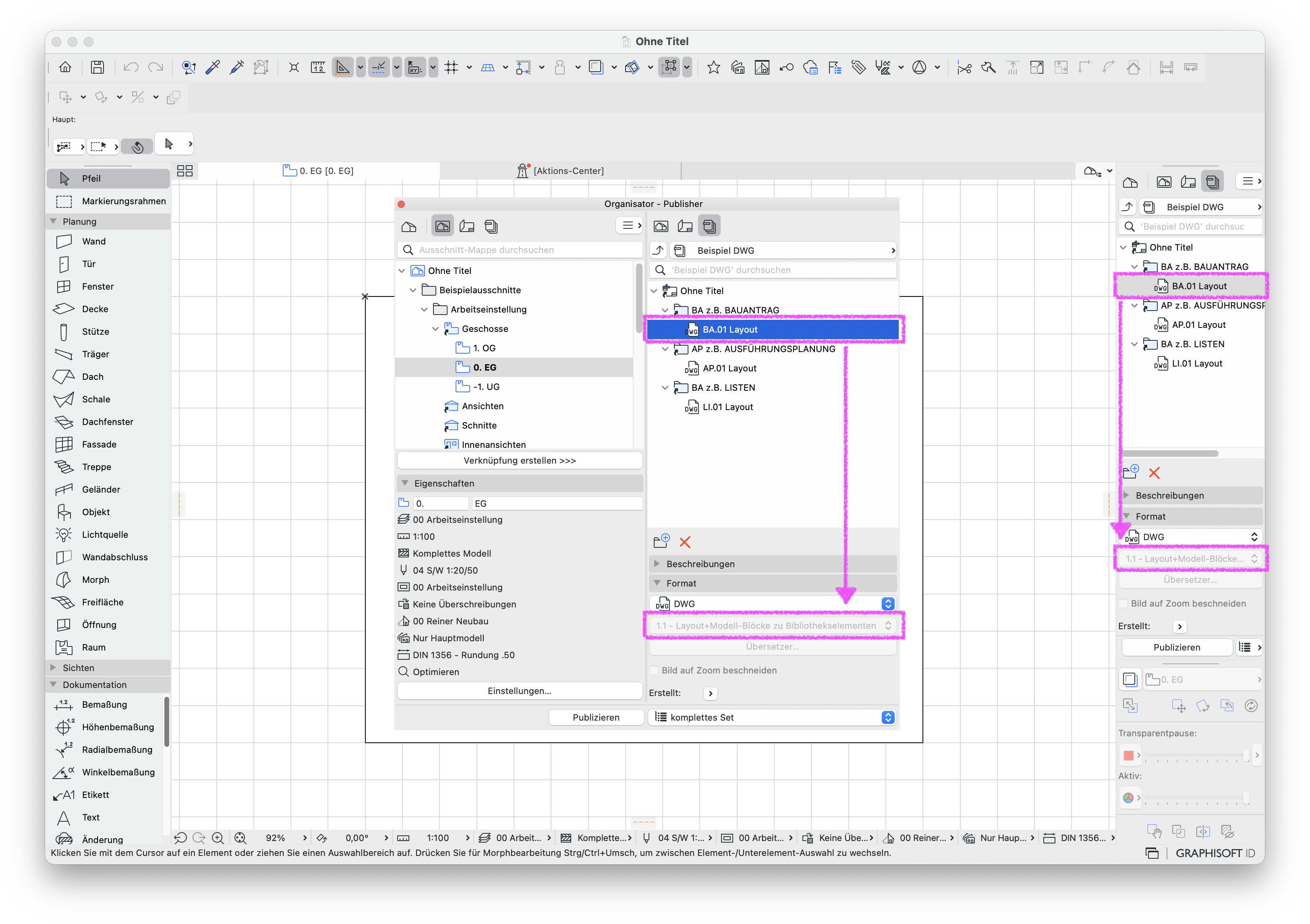 Archicad Publisher-Set 'Beispiel DWG' im Organisator geöffnet, ausgewählten Element 'Layout BA 0.1 Layout' und im unteren Bereich der Eintrag 1.1 – Layout+Modell‑Blöcke zu Bibliothekselementen als grauhinterlegte und somit nicht veränderbare Option sichtbar, welche gleich Navigator rechts angezeigt wird.