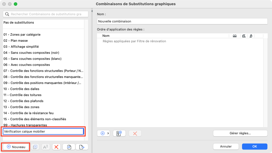 Fenêtre ARCHICAD « Combinaisons de Substitutions graphiques » montrant la liste des combinaisons à gauche, avec la combinaison « Vérification calque mobilier » sélectionnée, et à droite une nouvelle combinaison sans règles définies, avec boutons « Nouveau », « Gérer règles… », « Annuler » et « OK ».