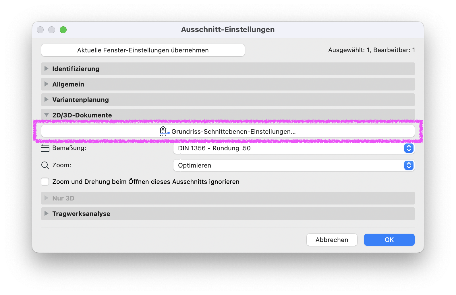 Archicad Dialog „Ausschnitt-Einstellungen“ im Bereich „2D/3D-Dokumente“ mit hervorgehobener Schaltfläche zum Öffnen der „Grundriss-Schnittebenen-Einstellungen“.