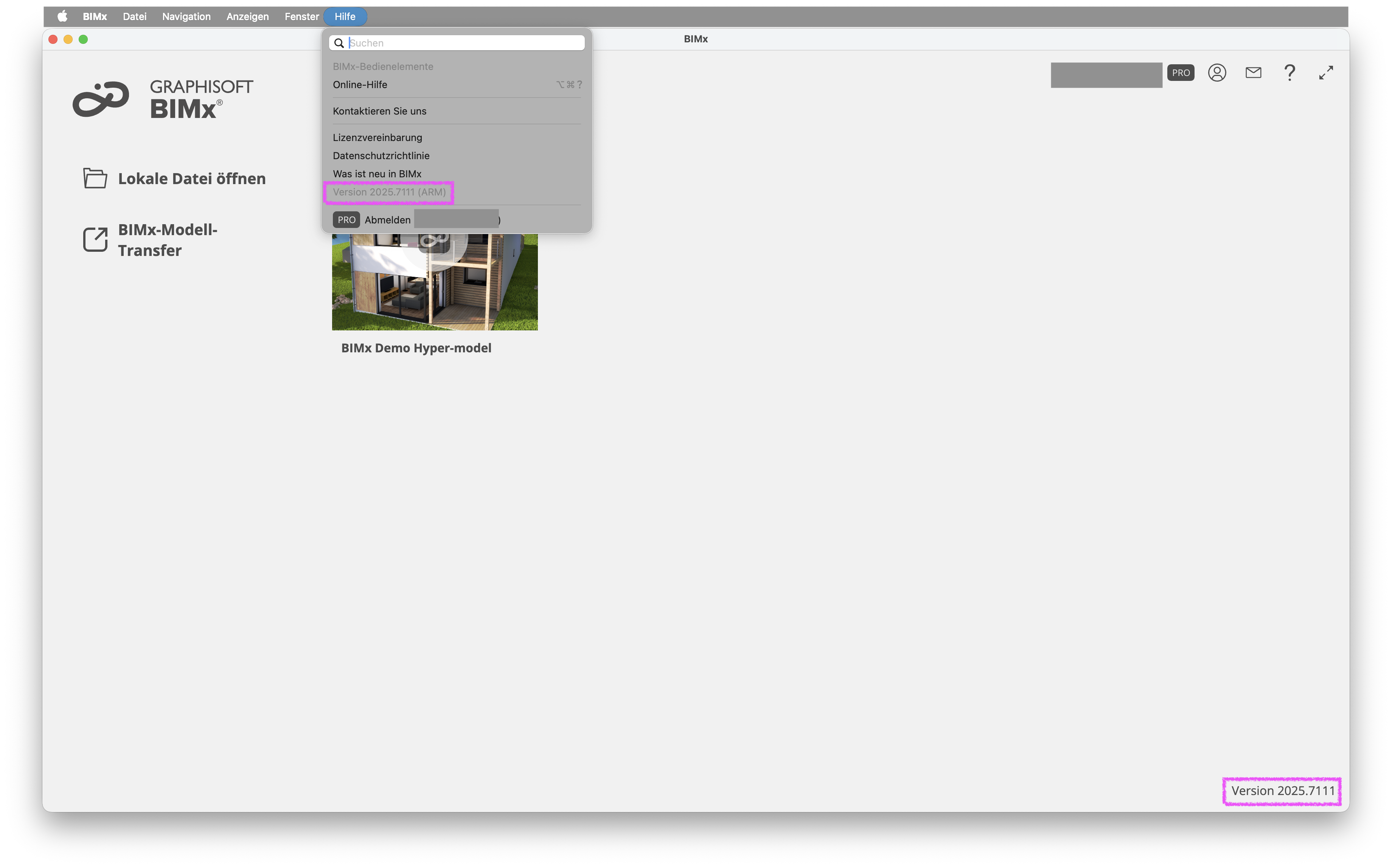 Startbildschirm von BIMx unter macOS, oben ist das Menü Hilfe geöffnet mit dem markierten Eintrag Version 2025.7111 (ARM) während rechts unten im Fenster zusätzlich die Build‑Information Version 2025.7111 eingeblendet wird.