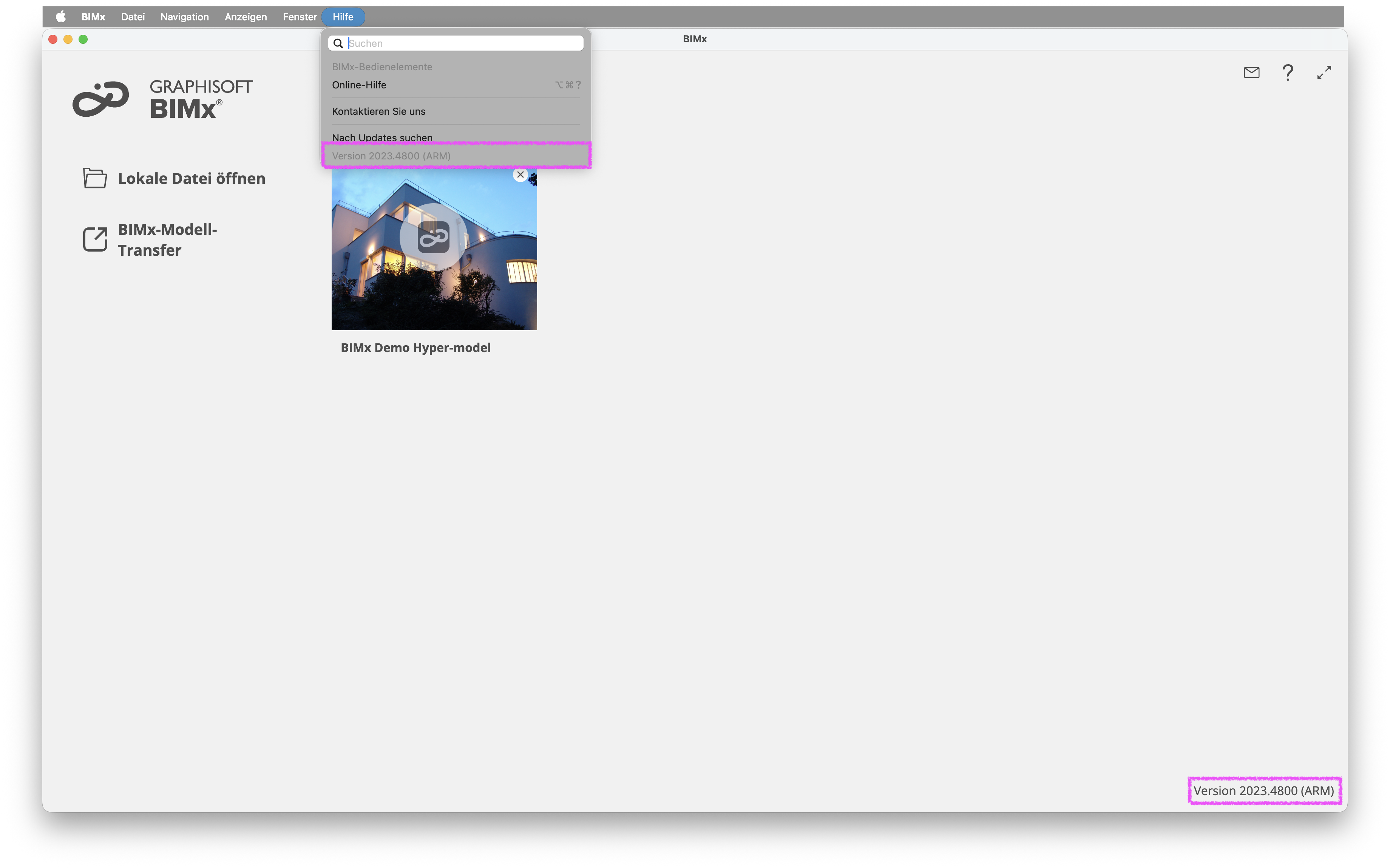 Startbildschirm von BIMx unter macOS, oben ist das Menü Hilfe geöffnet mit dem markierten Eintrag Version 2023.4800 (ARM) zur Anzeige der installierten Programmversion während rechts unten im Fenster dieselbe Versionsnummer Version 2023.4800 (ARM) zusätzlich eingeblendet wird die auf eine ältere Desktop‑Version hinweist.