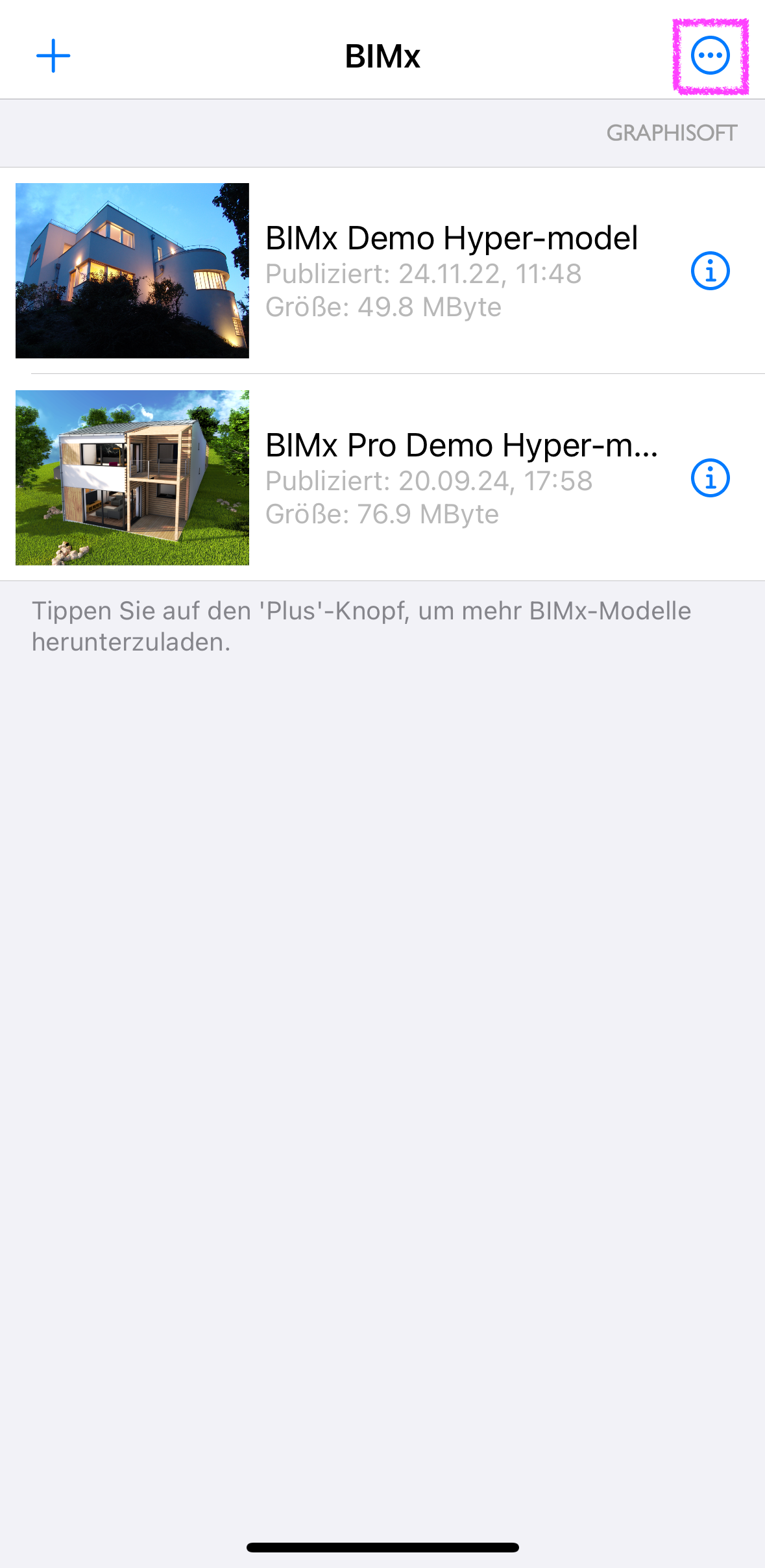 BIMx‑Startbildschirm auf einem iOS‑Gerät mit der Liste der verfügbaren Hyper‑Modelle, oben rechts ist das Mehr‑Symbol mit den drei Punkten hervorgehoben über das die allgemeinen Einstellungen und Informationen der App geöffnet werden können.