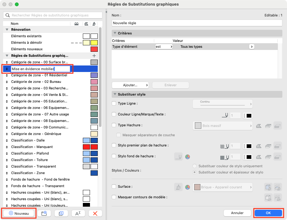 Fenêtre ARCHICAD « Règles de Substitutions graphiques » montrant la liste des règles à gauche avec la règle « Mise en évidence mobilier » sélectionnée et développée, bouton « Nouveau » en bas à gauche, et à droite le détail de la règle affichant les critères vides et les options de substitution de style, avec le bouton « OK » mis en évidence.