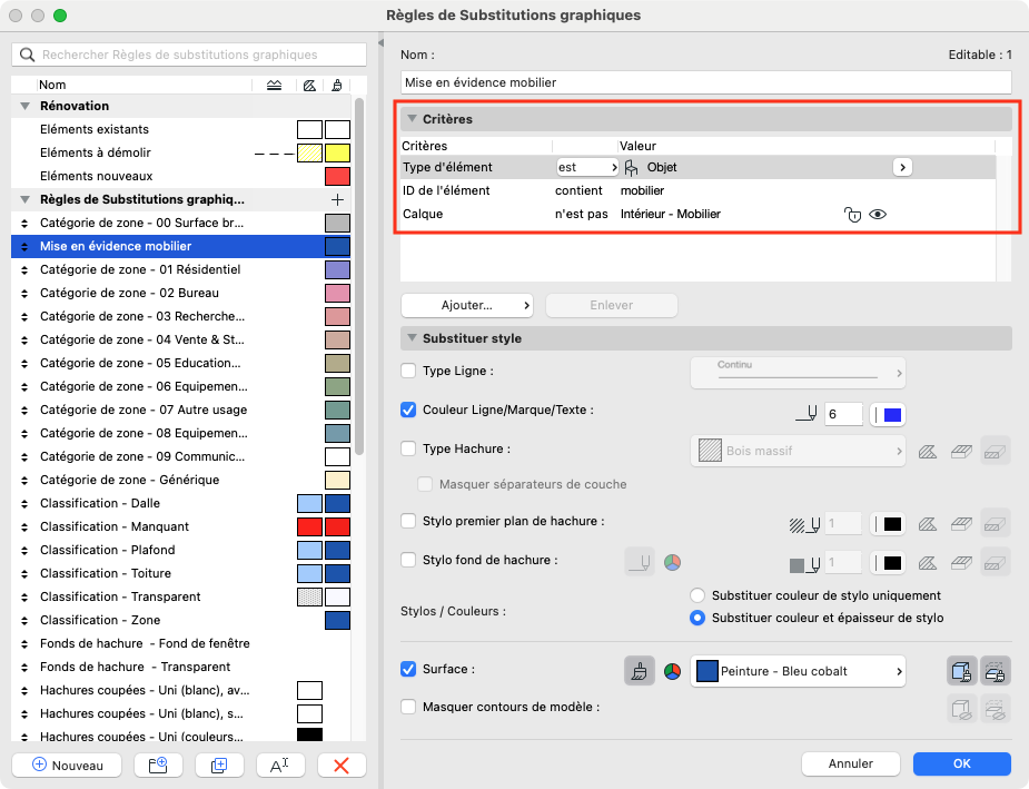 Fenêtre ARCHICAD « Règles de Substitutions graphiques » avec la règle « Mise en évidence mobilier » sélectionnée dans la liste à gauche. Dans le panneau droit, la section « Critères » est développée et encadrée, montrant les critères : type d’élément est « Objet », ID de l’élément contient « mobilier » et calque n’est pas « Intérieur – Mobilier ». Les options de substitution de style sont visibles en dessous, avec le bouton « OK » en bas à droite.