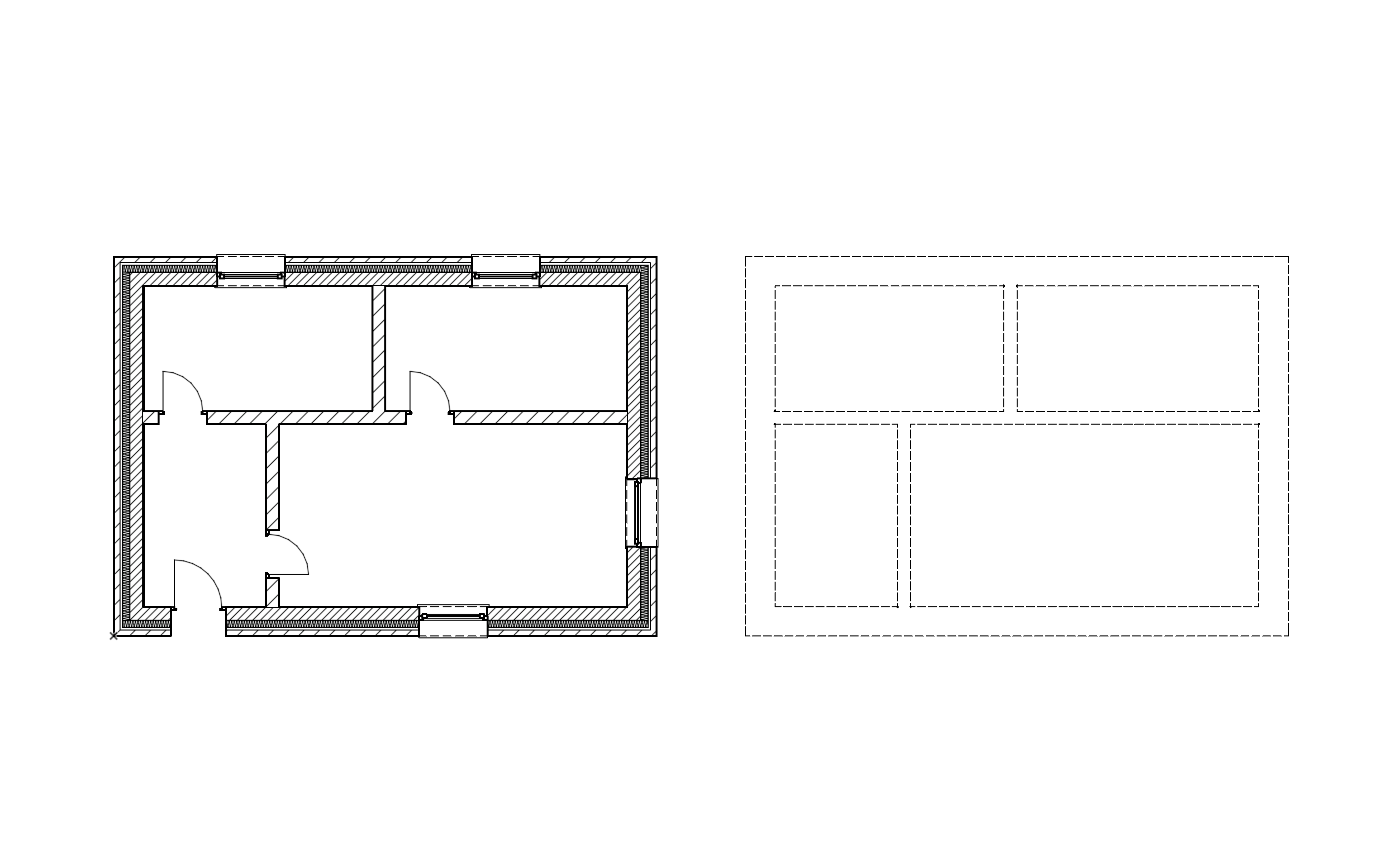 Archicad Grundrissvergleich: links ein Gebäudengrundriss mit Türen und Fenstern inklusive Öffnungslinien, rechts derselbe Grundriss schematisch ohne Tür- und Fensterdarstellung, nur mit gestrichelten Linien. 