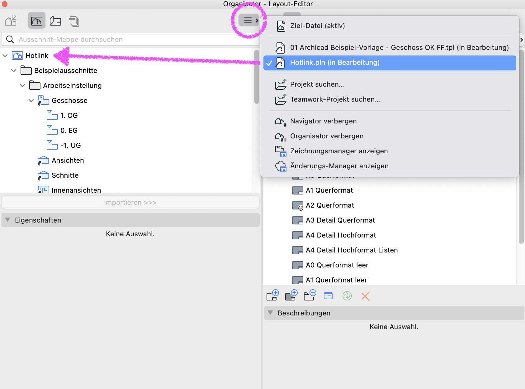 Archicad Organizer im Layout-Editor mit geöffneter Ziel-Datei-Auswahl und markierter Projektdatei „Hotlink.pln (in Bearbeitung)“, während links die Navigator-Struktur mit dem Ordner „Hotlink“ hervorgehoben ist.
