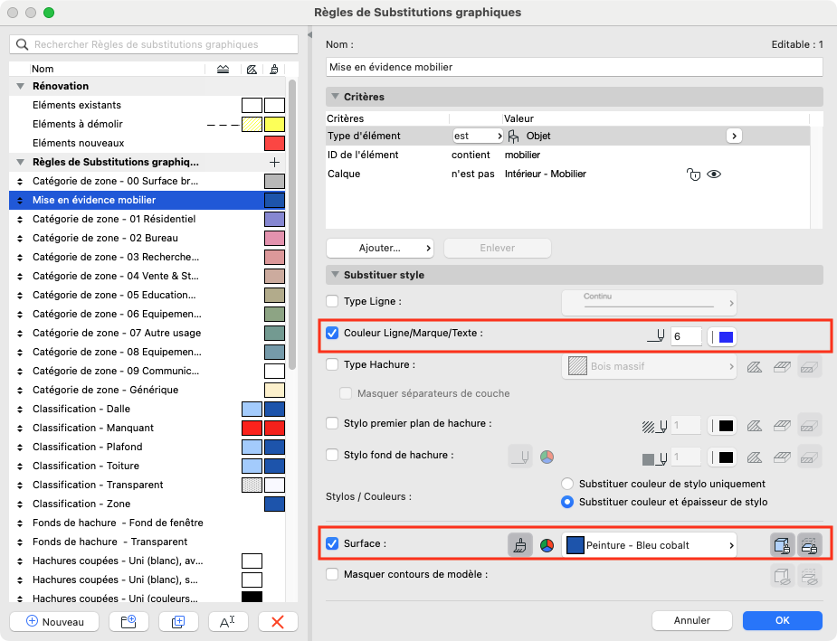 Fenêtre ARCHICAD « Règles de Substitutions graphiques » avec la règle « Mise en évidence mobilier » sélectionnée à gauche. Dans le panneau droit, les critères ciblant le mobilier sont visibles en haut, et la section « Substituer style » est encadrée, montrant l’option cochée « Couleur Ligne/Marque/Texte » avec épaisseur 6 et couleur bleue, ainsi que l’option « Surface » activée définie sur « Peinture – Bleu cobalt ». Le bouton « OK » apparaît en bas à droite.