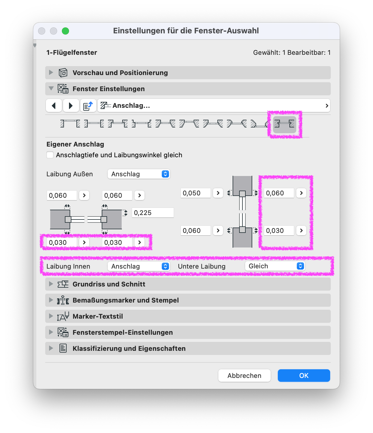 Archicad Dialog „Einstellungen für die Fenster-Auswahl“ im Bereich „Anschlag“ mit hervorgehobenen Parametern für Außen- und Innenlaibung sowie Anschlagtiefen und Abständen der Fensterlaibung.