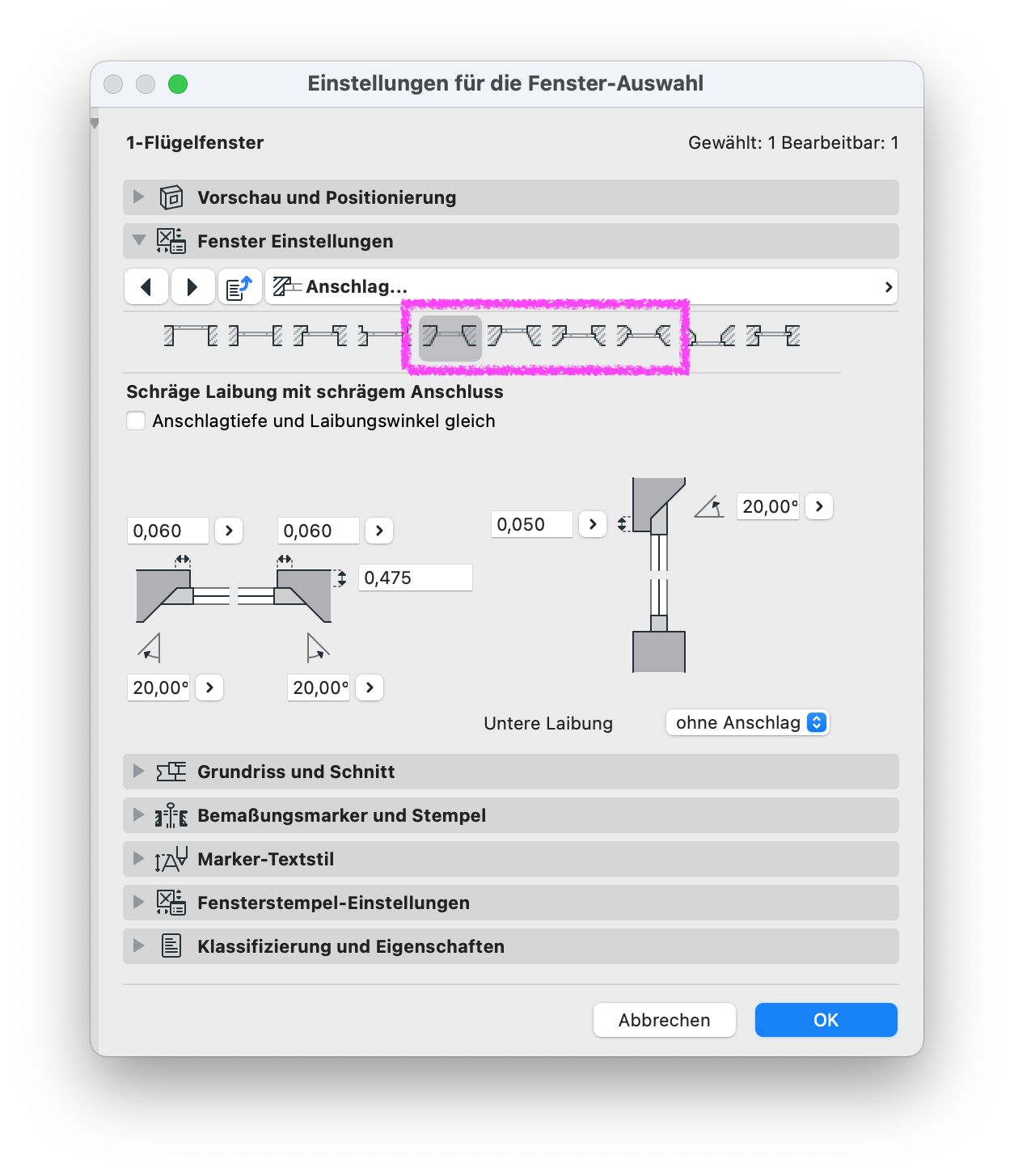 Archicad Dialog „Einstellungen für die Fenster-Auswahl“ im Bereich „Anschlag“ mit ausgewähltem Anschlagtyp für eine schräge Laibung mit schrägem Anschluss.