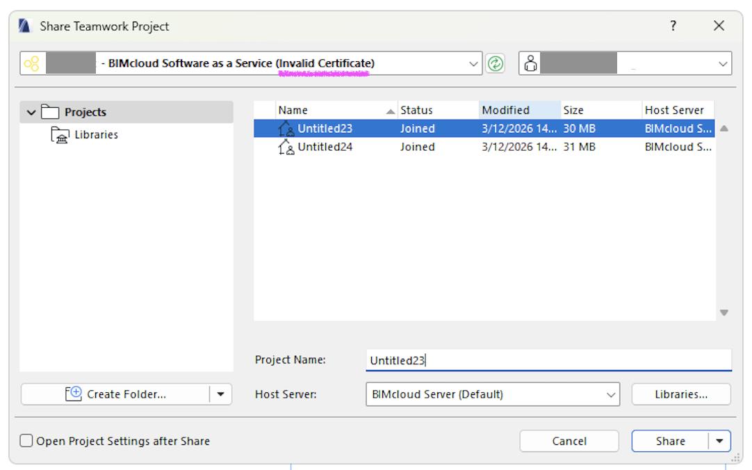 Projektfreigabe in Archicad 23, bei der in der Server-Adressleiste die Meldung 'Ungültiges Zertifikat' angezeigt wird.