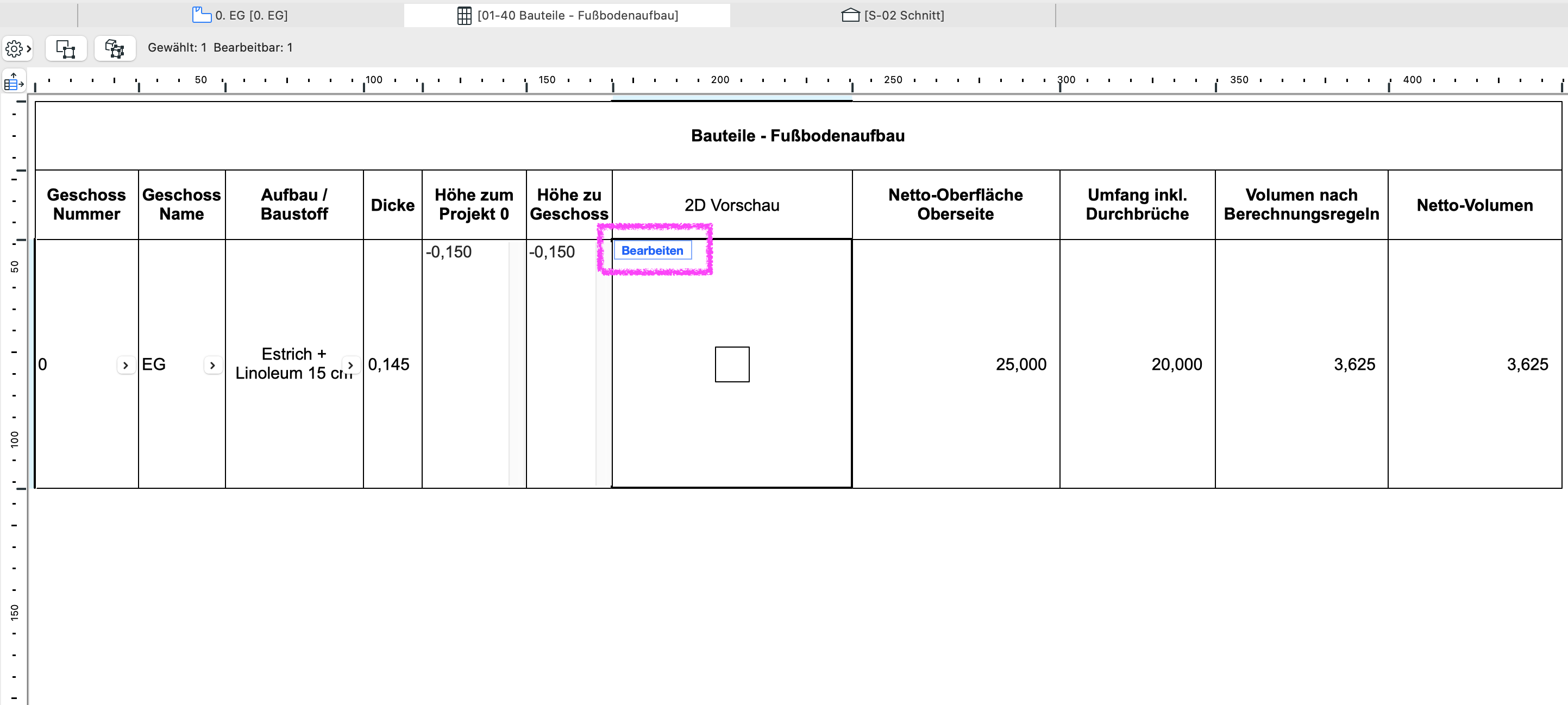 Archicad Interaktive Auswertung „Bauteile – Fußbodenaufbau“ mit hervorgehobener Schaltfläche „Bearbeiten“ in der Spalte „2D Vorschau“.
