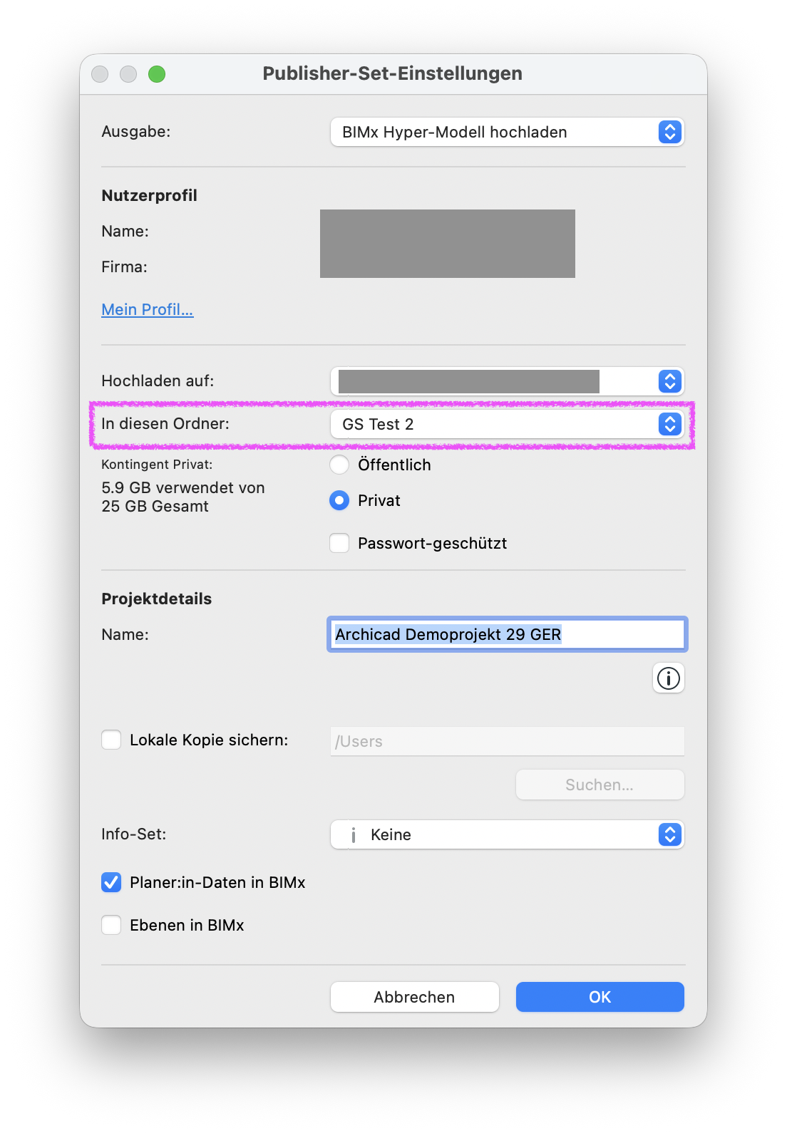 BIMx Publisher-Set-Einstellungen mit auf Transfer Webseite vorhandenen Ordner unter 'In diesen Ordner:'.