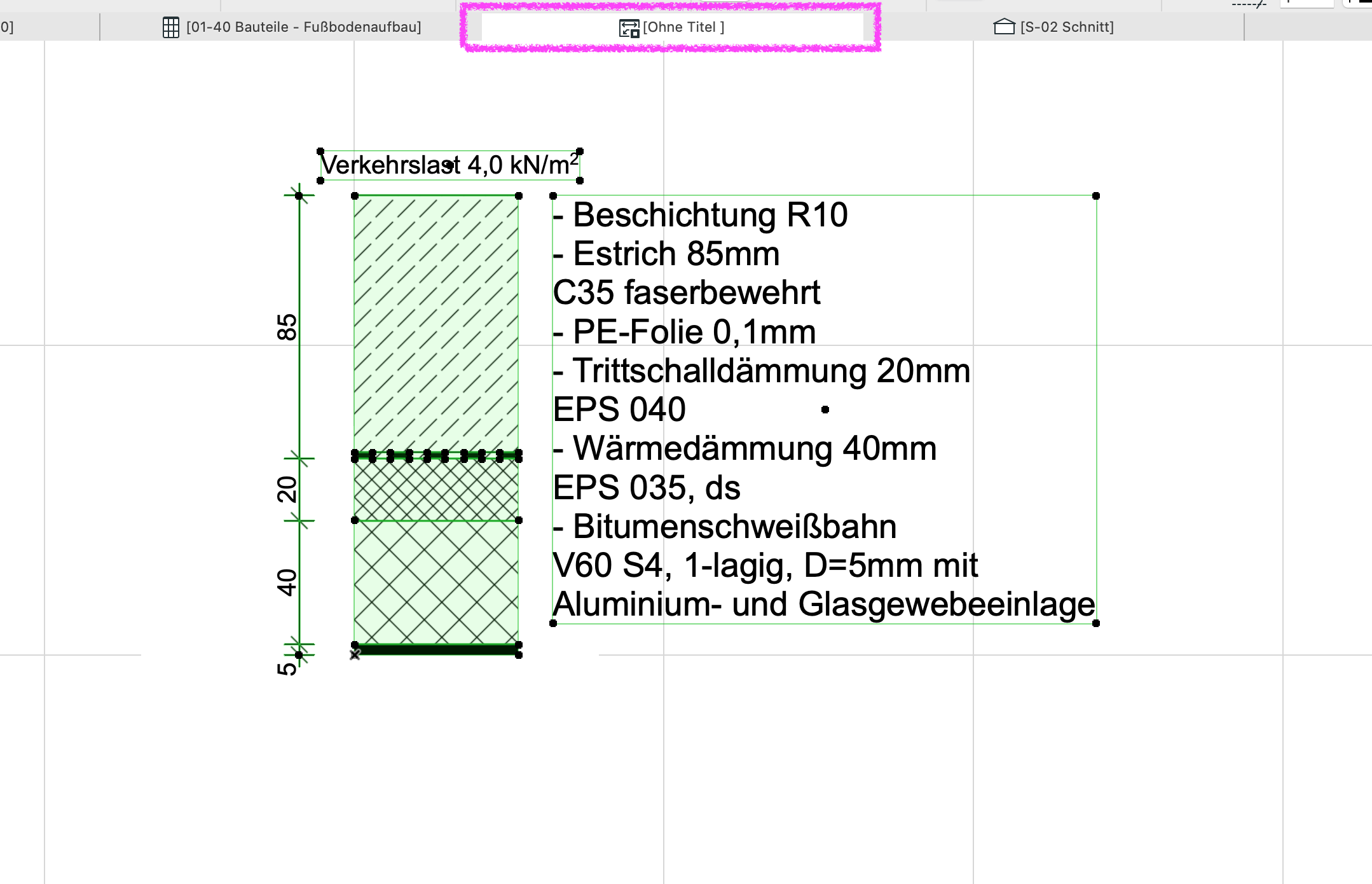 Archicad Reiter ohne Titel mit dargestelltem Fußbodenaufbau, bestehend aus mehreren Schichten wie Estrich, Dämmung und Abdichtung, inklusive Maßangaben und Beschriftung der Materialien.