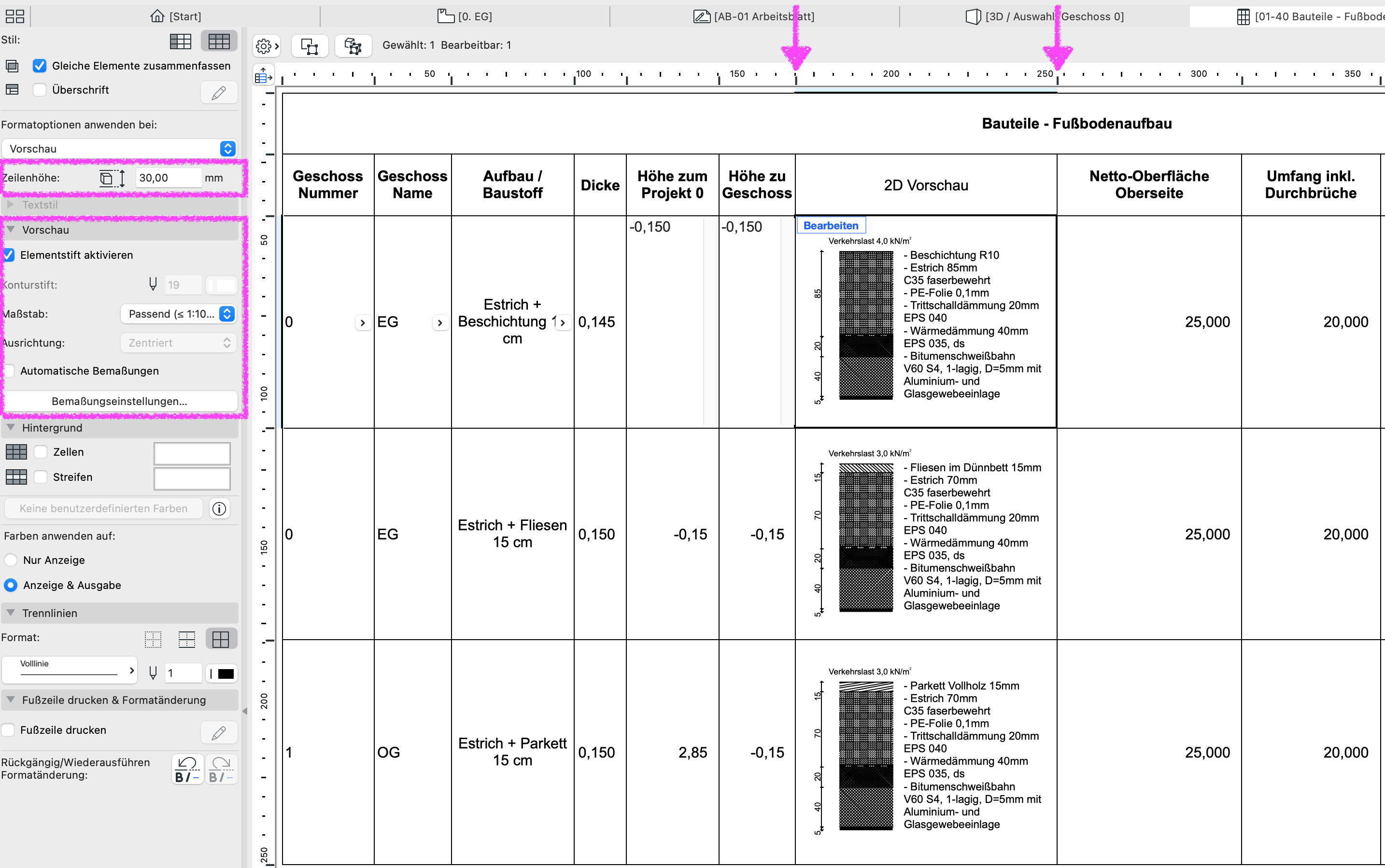 Archicad interaktive Auswertung „Bauteile - Fußbodenaufbau“ mit markierten Formatoptionen links im Einstellungsbereich sowie hervorgehobenen horizontalen Führungs- bzw. Tabulatorlinien im oberen Lineal.