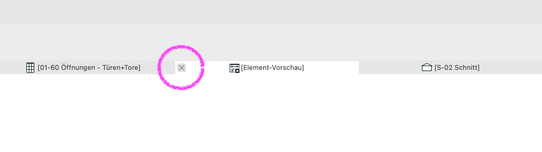 Archicad Tab-Leiste mit geöffneter interaktiver Auswertung „01-60 Öffnungen - Türen+Tore“, dem Tab „[Element-Vorschau]“ und markierter Schließen-Schaltfläche für die Vorschau.