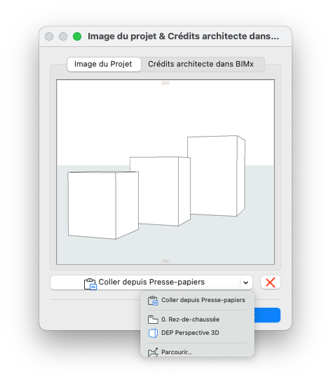 « Image du projet & Crédits architecte dans… » d’Archicad, onglet « Image du Projet » ouvert, affichant une vignette 3D et un menu déroulant en bas pour choisir la source de l’image (presse-papiers, vues de projet ou parcourir)