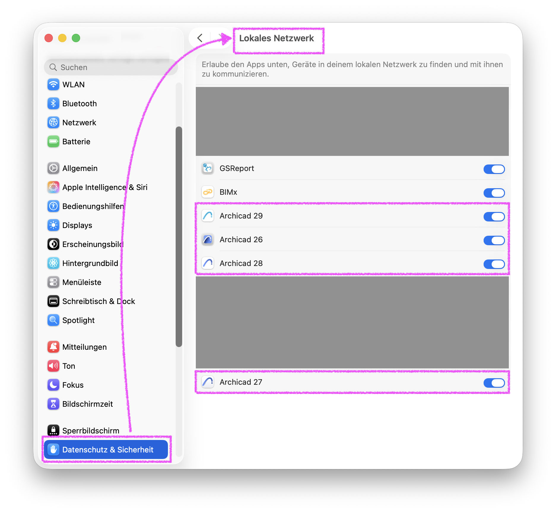 macOS Systemeinstellungen mit geöffneten Datenschutz & Sicherheit Optionen, bei der unter Lokales Netzwerk für alle installierten Archicad und Graphisoft Programme die Netzwerksuche erlaubt ist.
