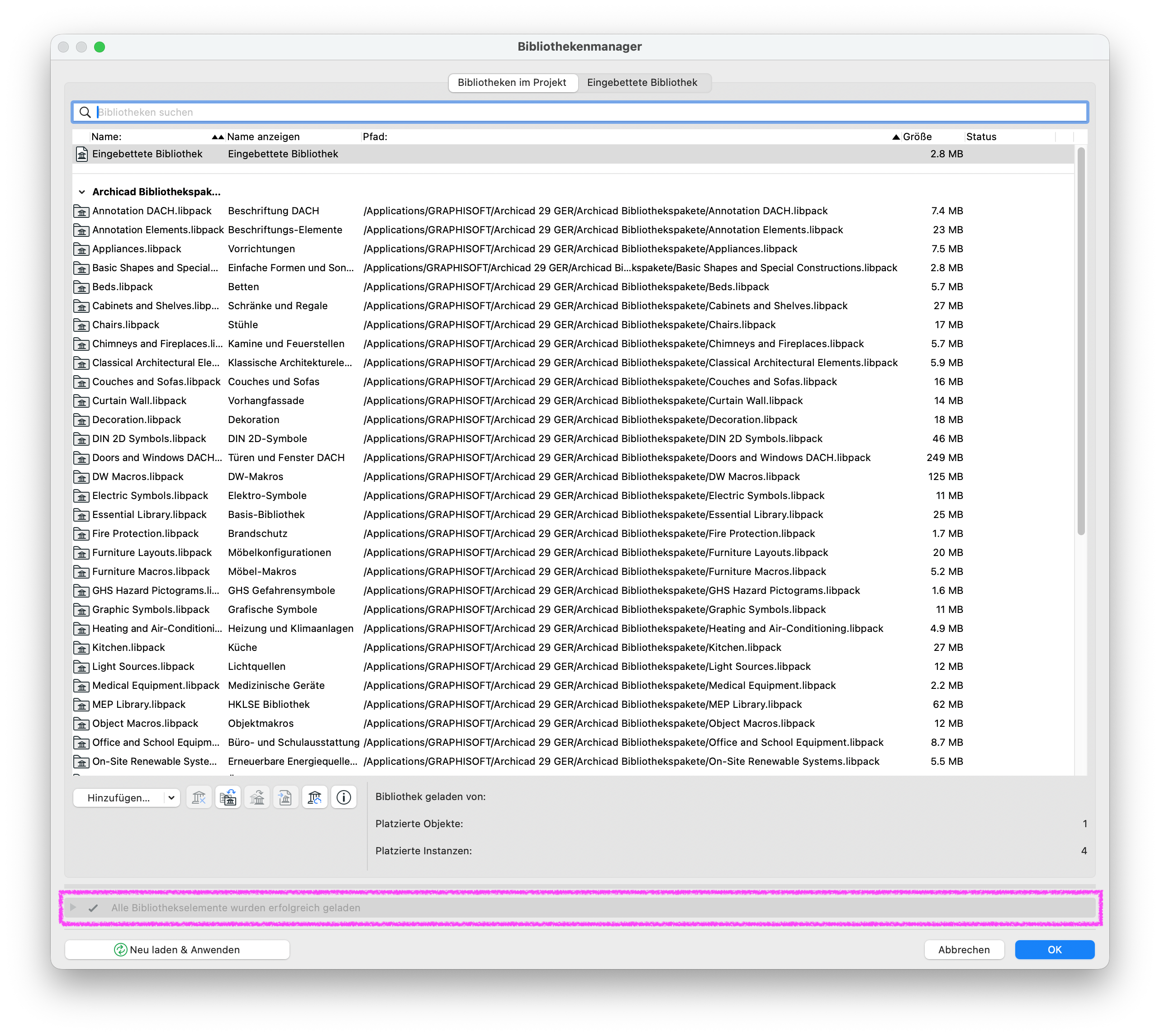 Dialog Bibliothekenmanager mit der Registerkarte Eingebettete Bibliothek, oben ist die Projektbibliothek mit allen geladenen Bibliothekspaketen aufgelistet und unten erscheint die Statusmeldung Alle Bibliothekselemente wurden erfolgreich geladen ohne weitere Warnungen oder Fehlermeldungen.