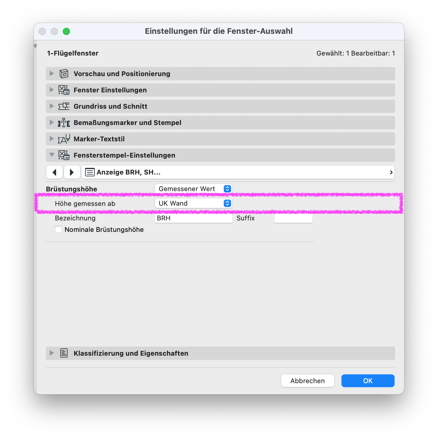 Archicad Fensterstempel-Einstellungen, Bereich Anzeige BRH, mit markierter Option Höhe gemessen ab: UK Wand zur Definition der Bezugshöhe für die Brüstungshöhenanzeige.