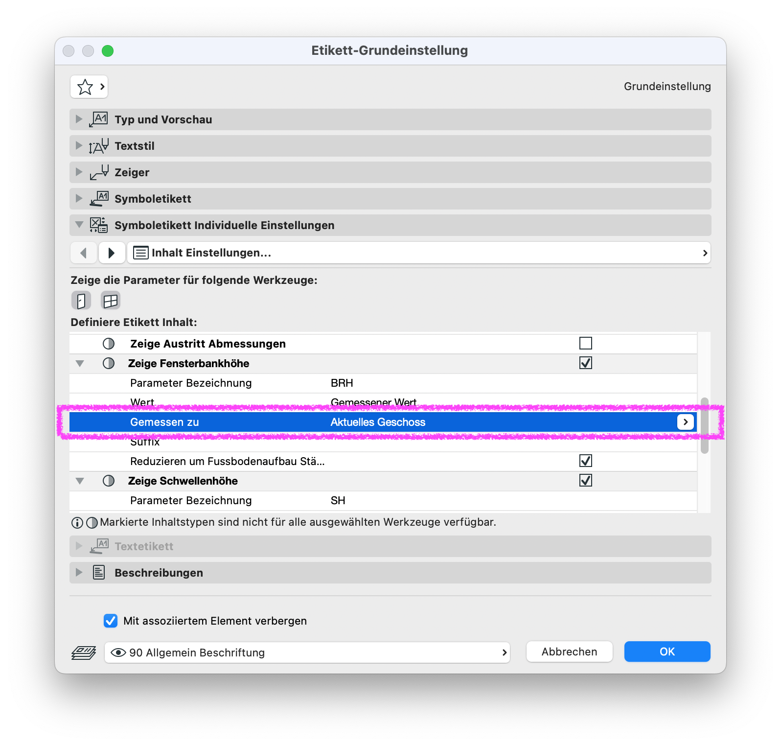 Archicad Etikett-Grundeinstellung, Bereich Symboletikett individuelle Einstellungen, mit Einstellung Gemessen zu: Aktuelles Geschoss für die Berechnung der Fensterbankhöhe (BRH).