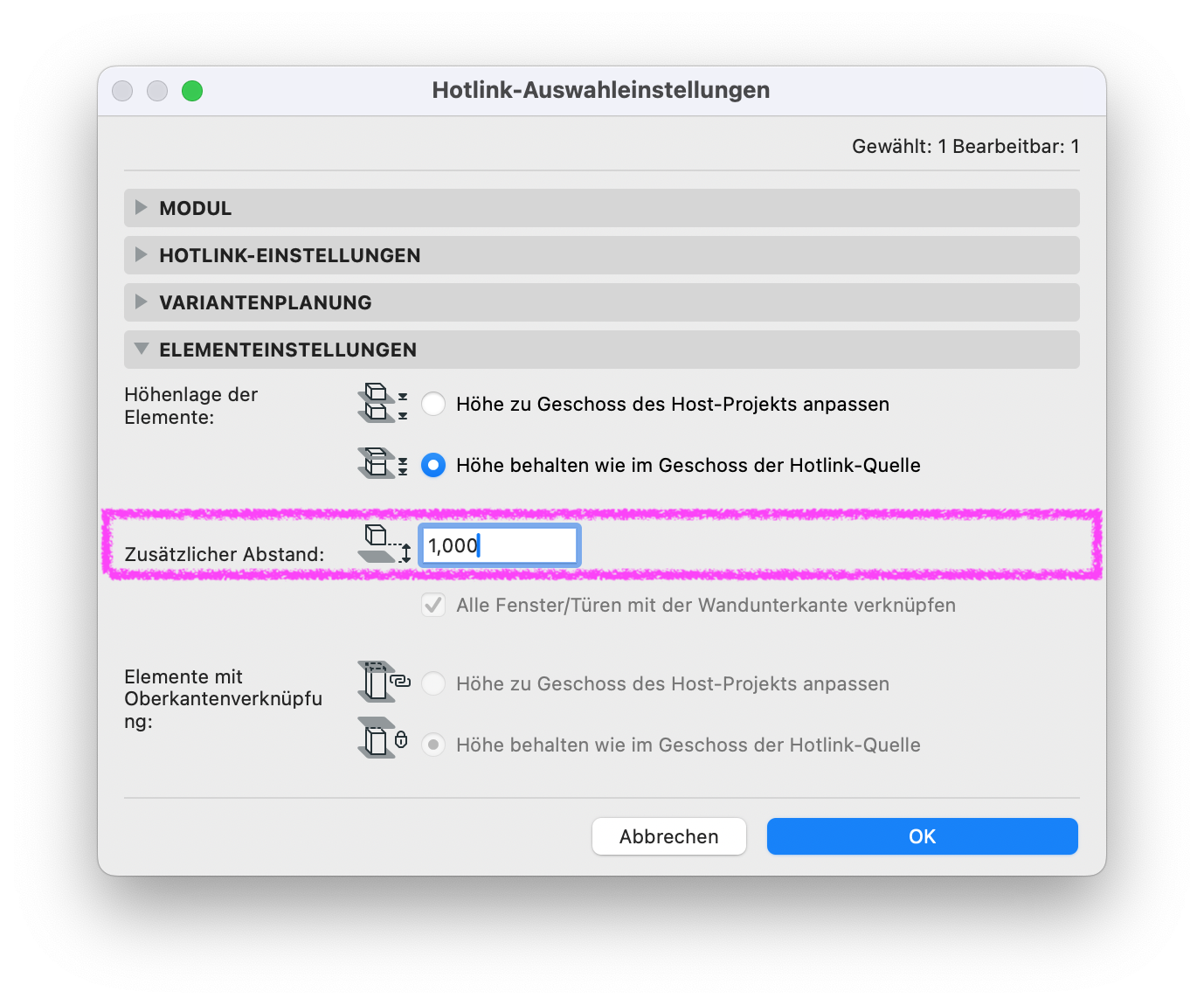 Archicad Hotlink-Auswahleinstellungen, Bereich Elementeinstellungen, mit markiertem Feld Zusätzlicher Abstand, über das eine Höhenverschiebung des Hotlink-Moduls eingestellt wird.