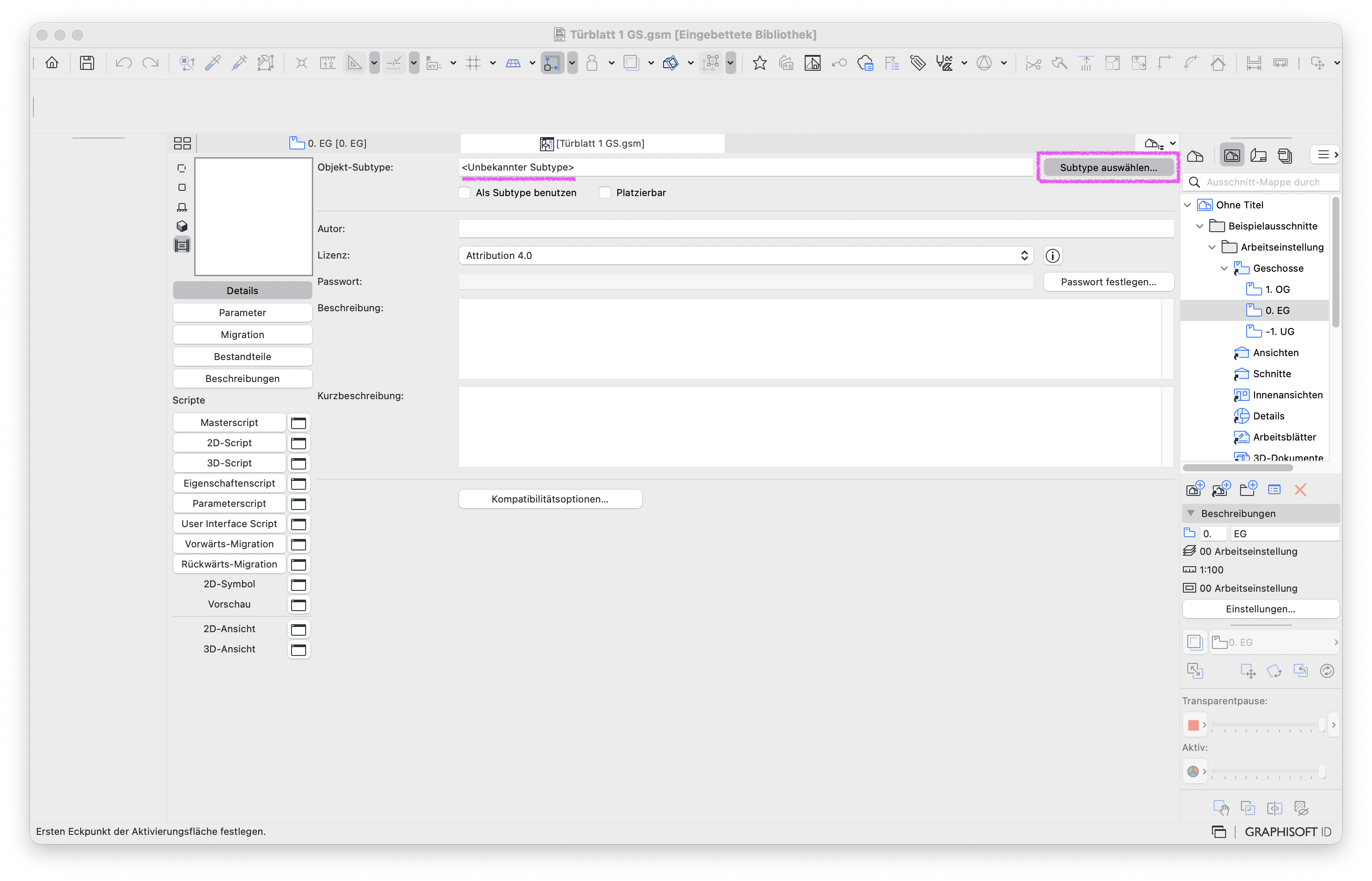 Arbeitsoberfläche des GDL-Editors mit geöffnetem GDL‑Objekt&nbsp;Türblatt 1 GS.gsm, im Bereich&nbsp;Objekt‑Subtype&nbsp;ist der Eintrag&nbsp;<Unbekannter Subtype>&nbsp;sichtbar und die Schaltfläche&nbsp;Subtype auswählen…&nbsp;hervorgehoben über die ein passender Türblatt‑Subtype zur korrekten Klassifizierung gewählt werden kann.