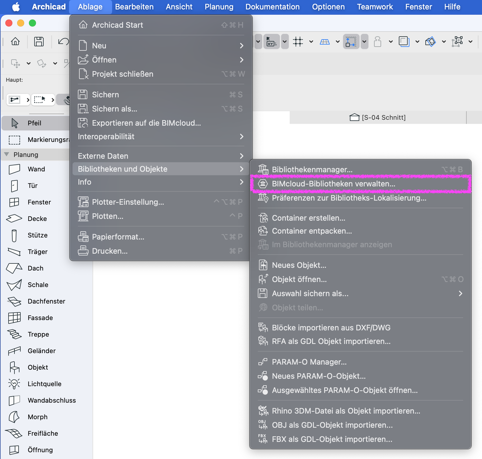 Archicad Menü „Ablage > Bibliotheken und Objekte“ mit hervorgehobener Option „BIMcloud-Bibliotheken verwalten…“.